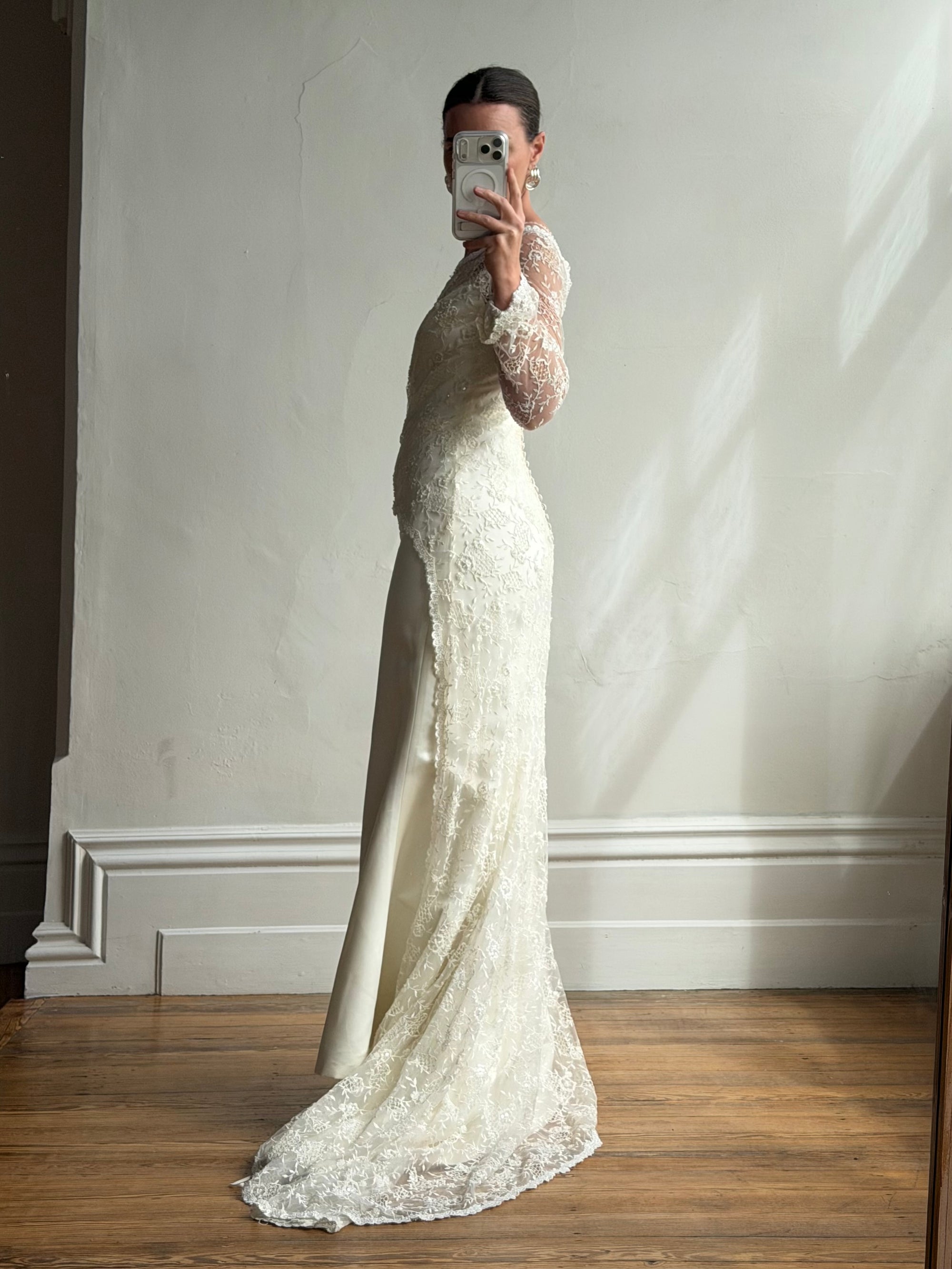 Vintage 90s Italian Beaded Lace and Satin Wedding Gown