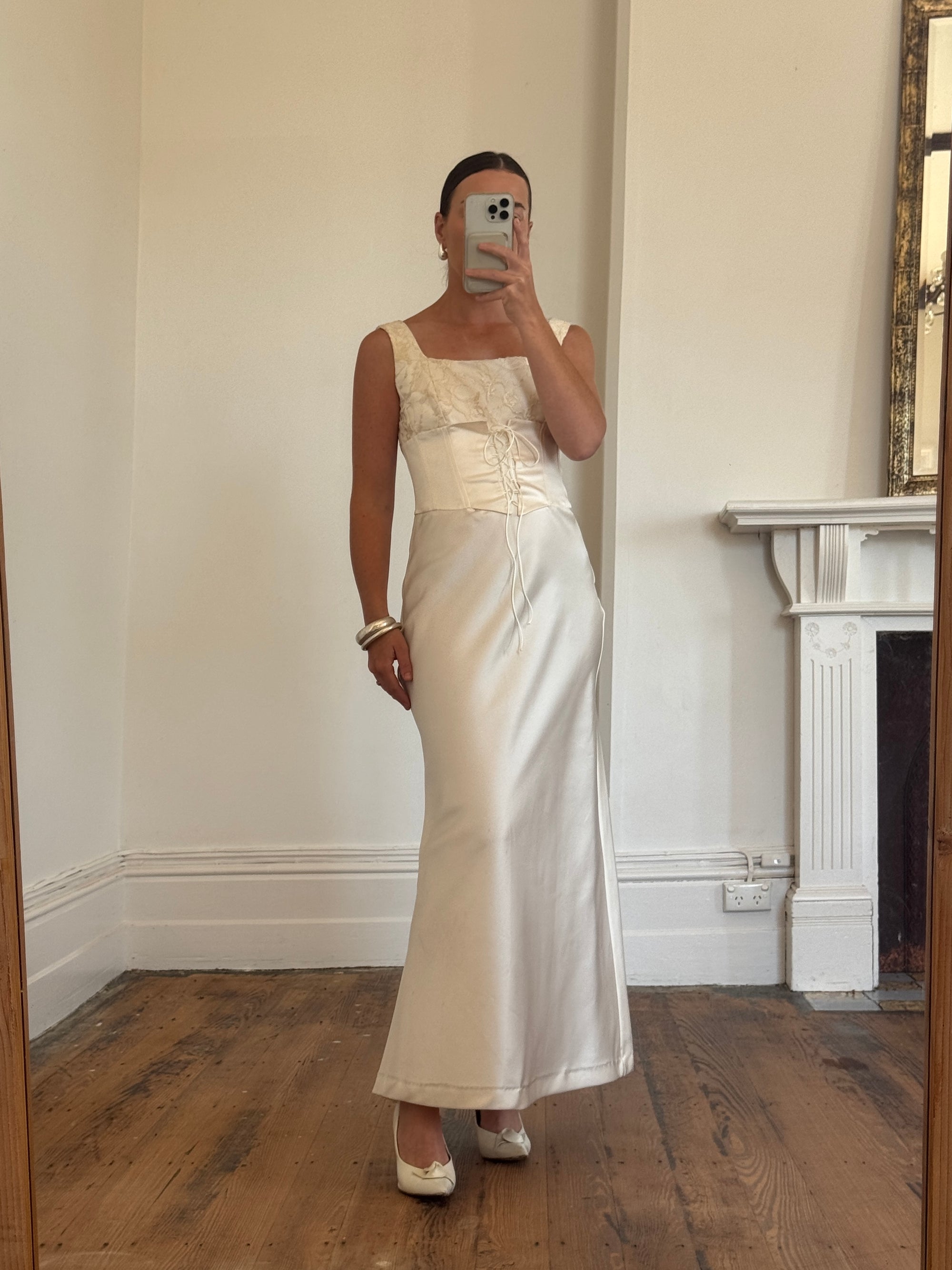 Vintage 90s Lace Up Waist Satin Column Wedding Dress
