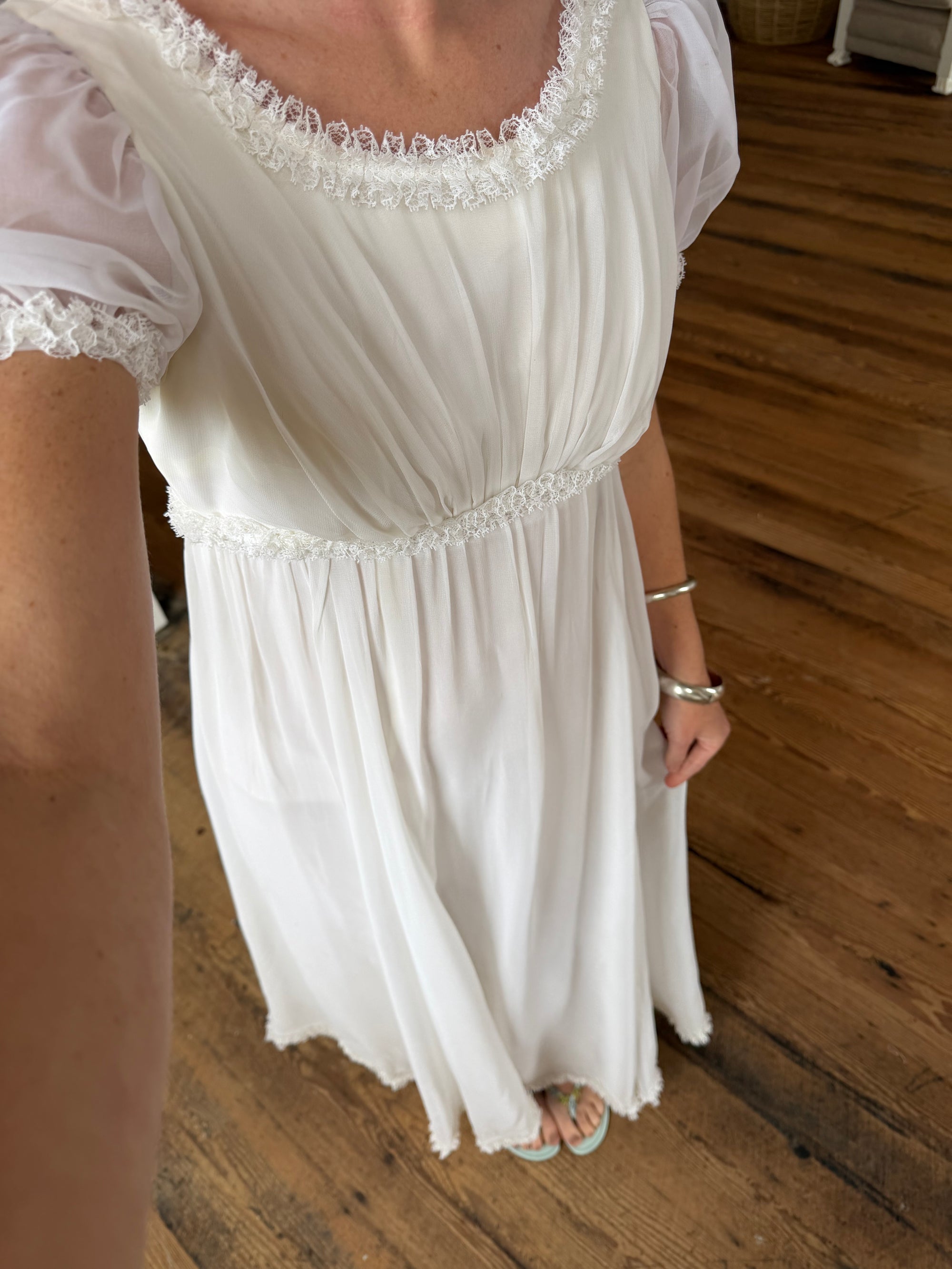 Vintage 70s White Chiffon Smocked Puff Sleeve Wedding Dress