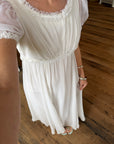 Vintage 70s White Chiffon Smocked Puff Sleeve Wedding Dress