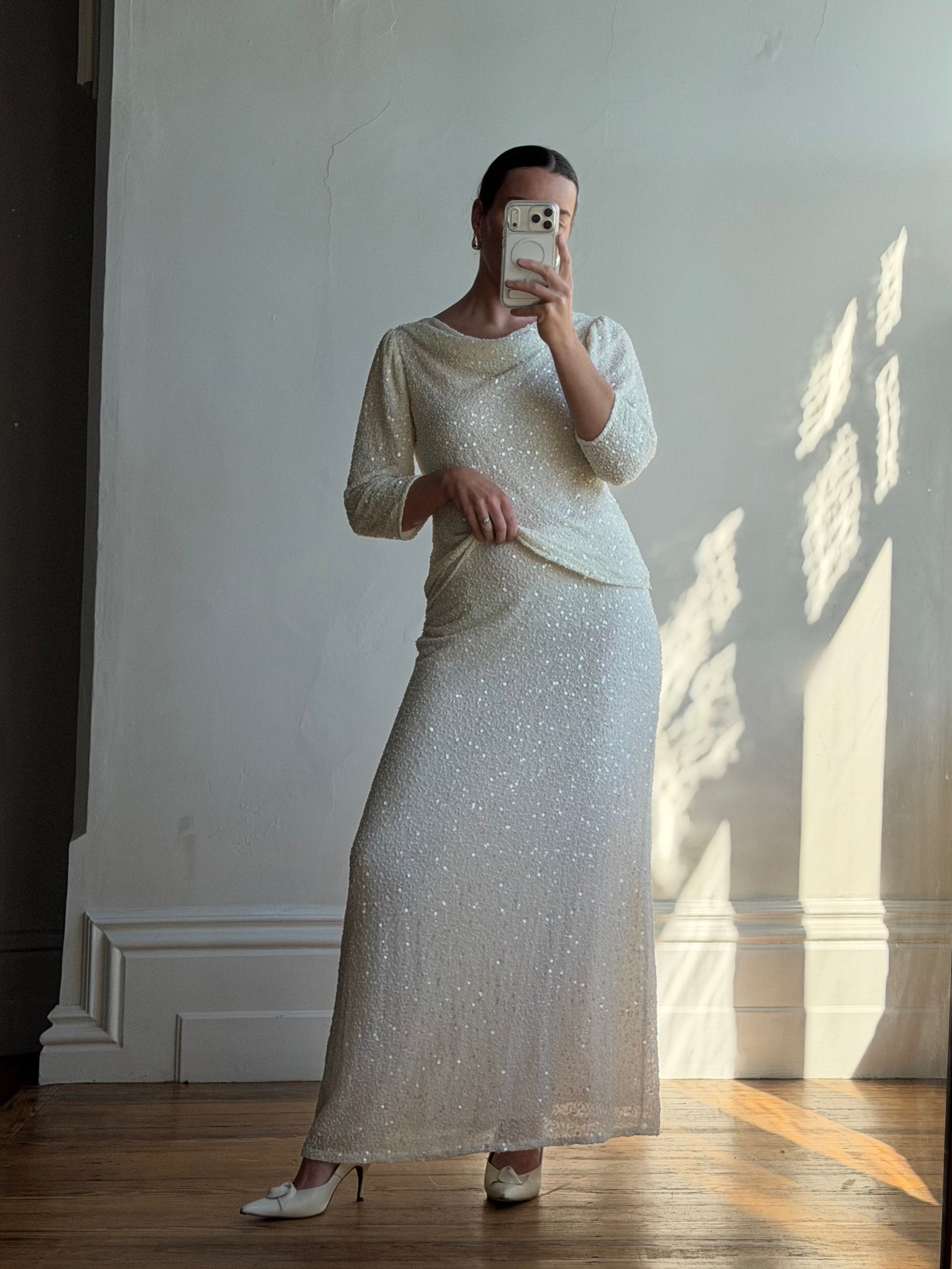 Vintage 80s Sequin Pure Silk Two Piece Bridal Set