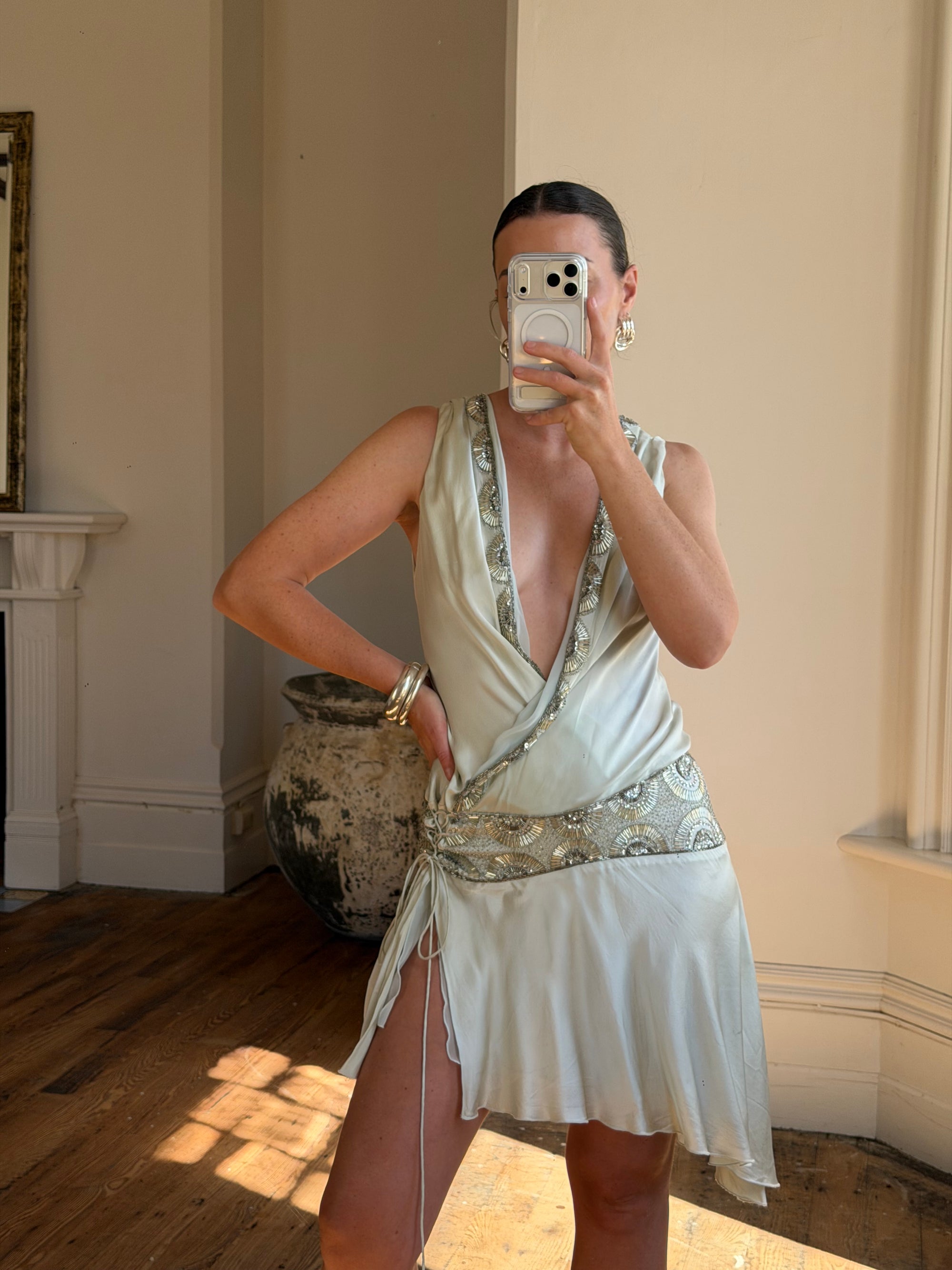 Vintage Y2K Pure Silk Drop Waist Beaded Mini Ice