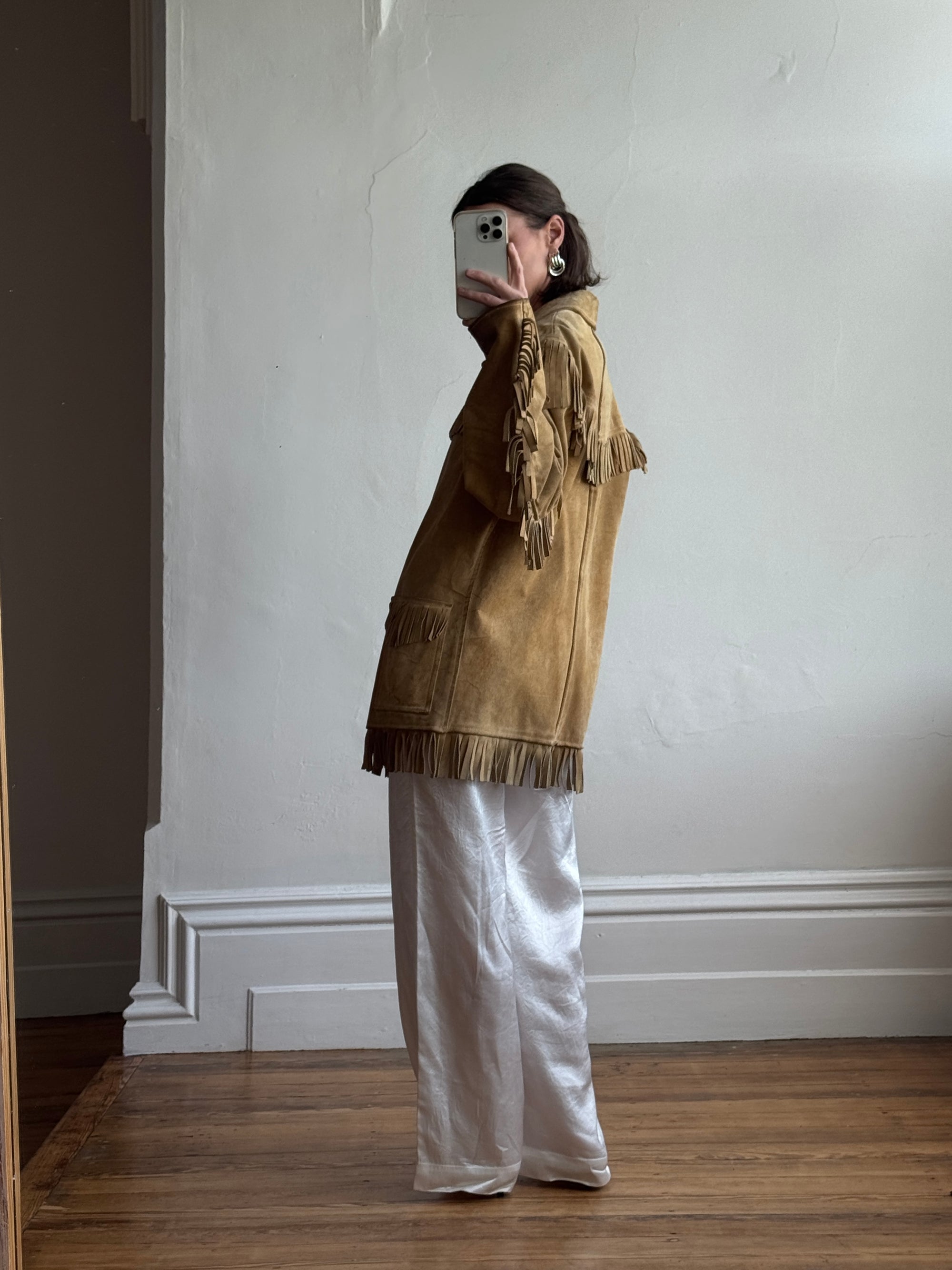 Vintage 70s Western Fringe Suede Leather Jacket Tan