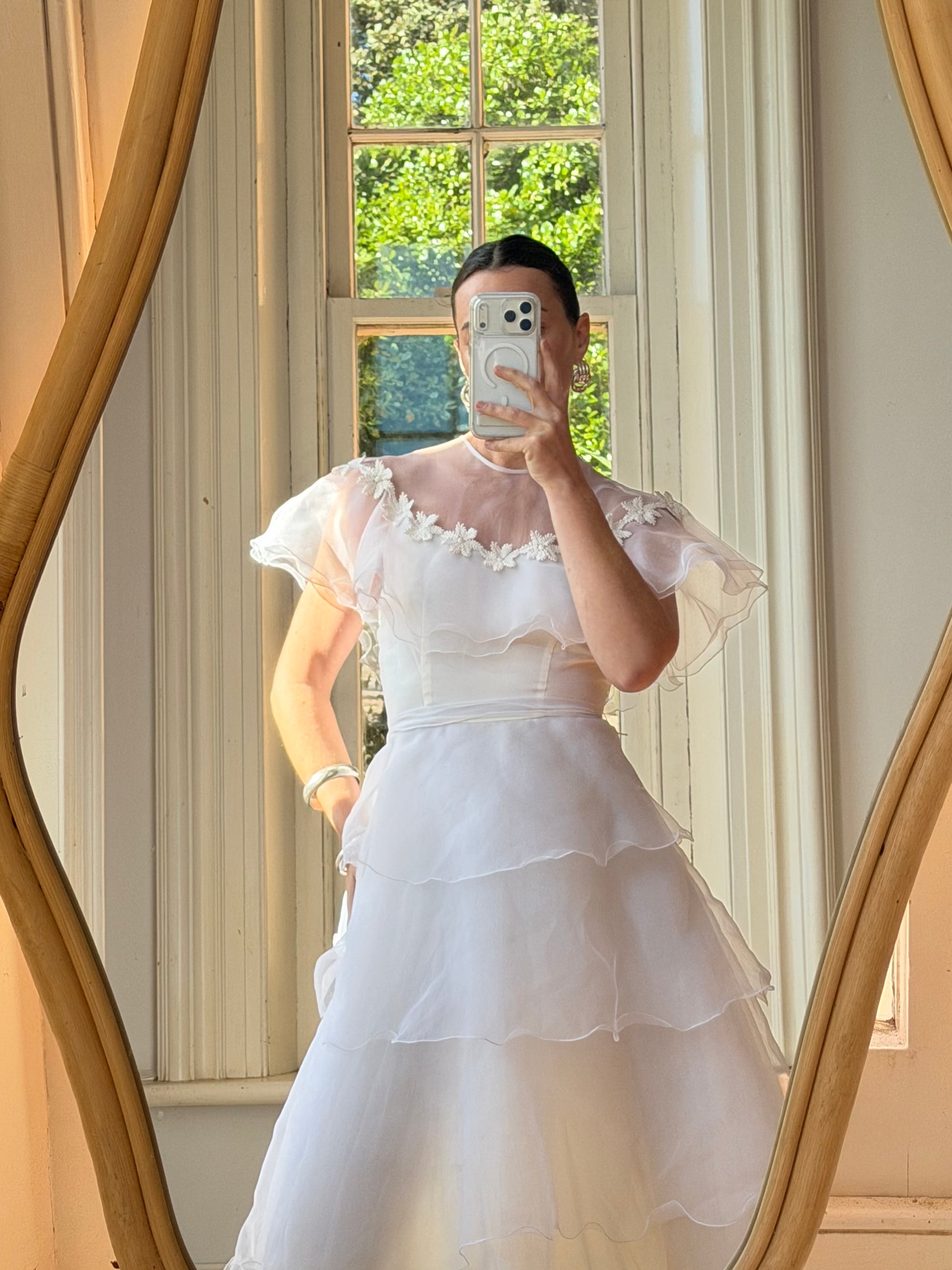 Vintage 70s Tiered Organza Prairie Daisy Wedding Dress