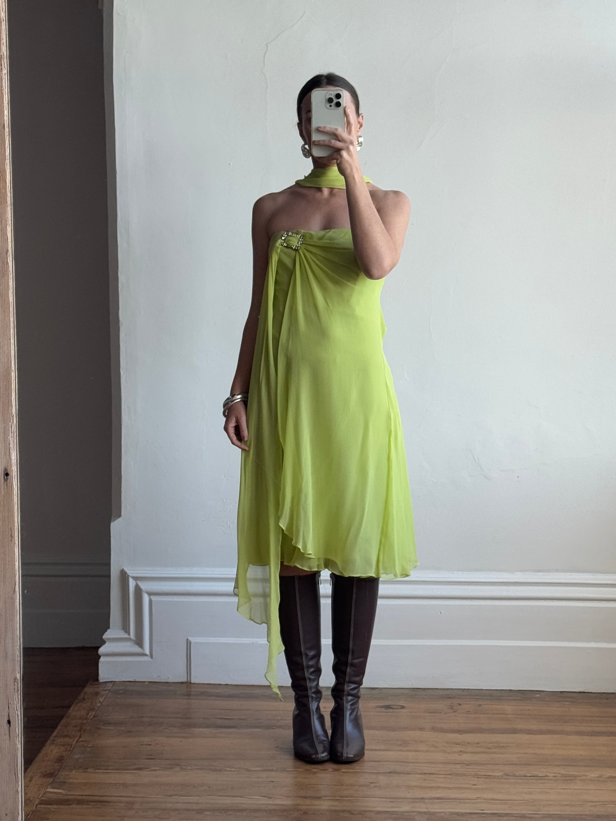 Vintage Y2K Chartreuse Strapless Pure Silk Brooch Dress