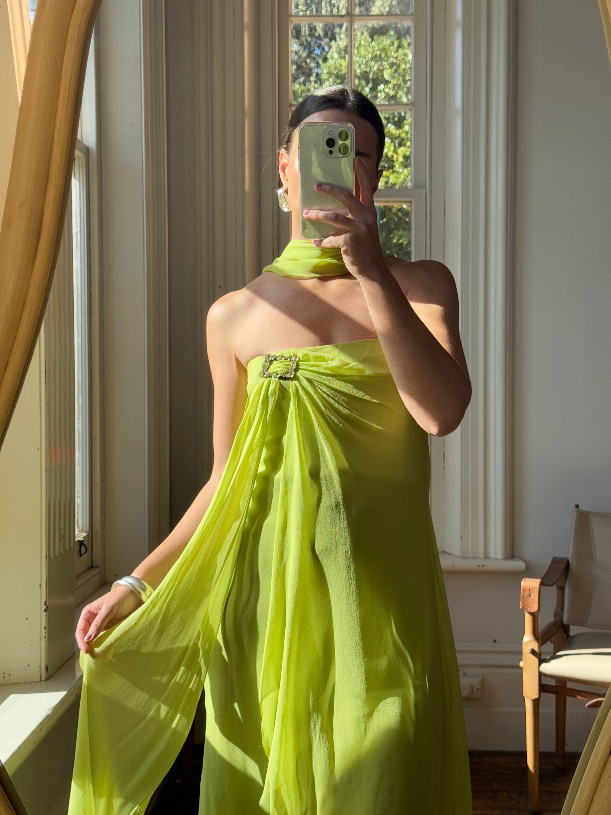 Vintage Y2K Chartreuse Strapless Pure Silk Brooch Dress