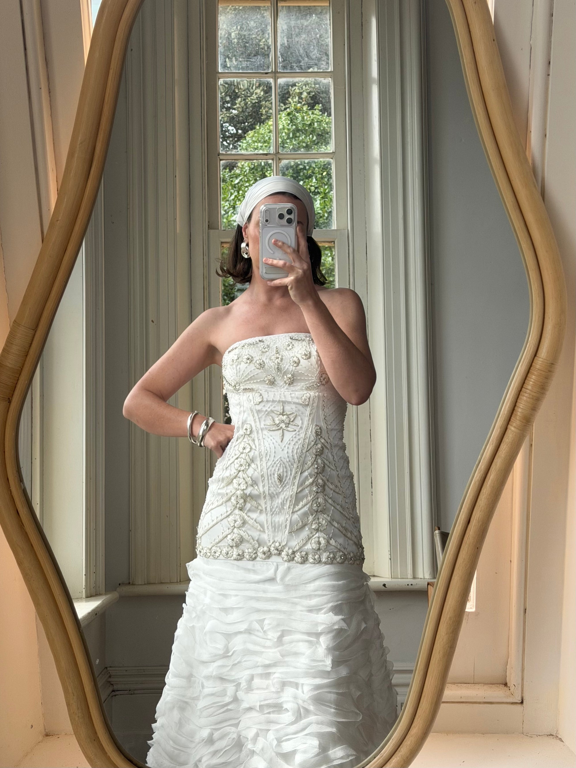 Vintage 90s Strapless Embellished Ruffled Wedding Gown