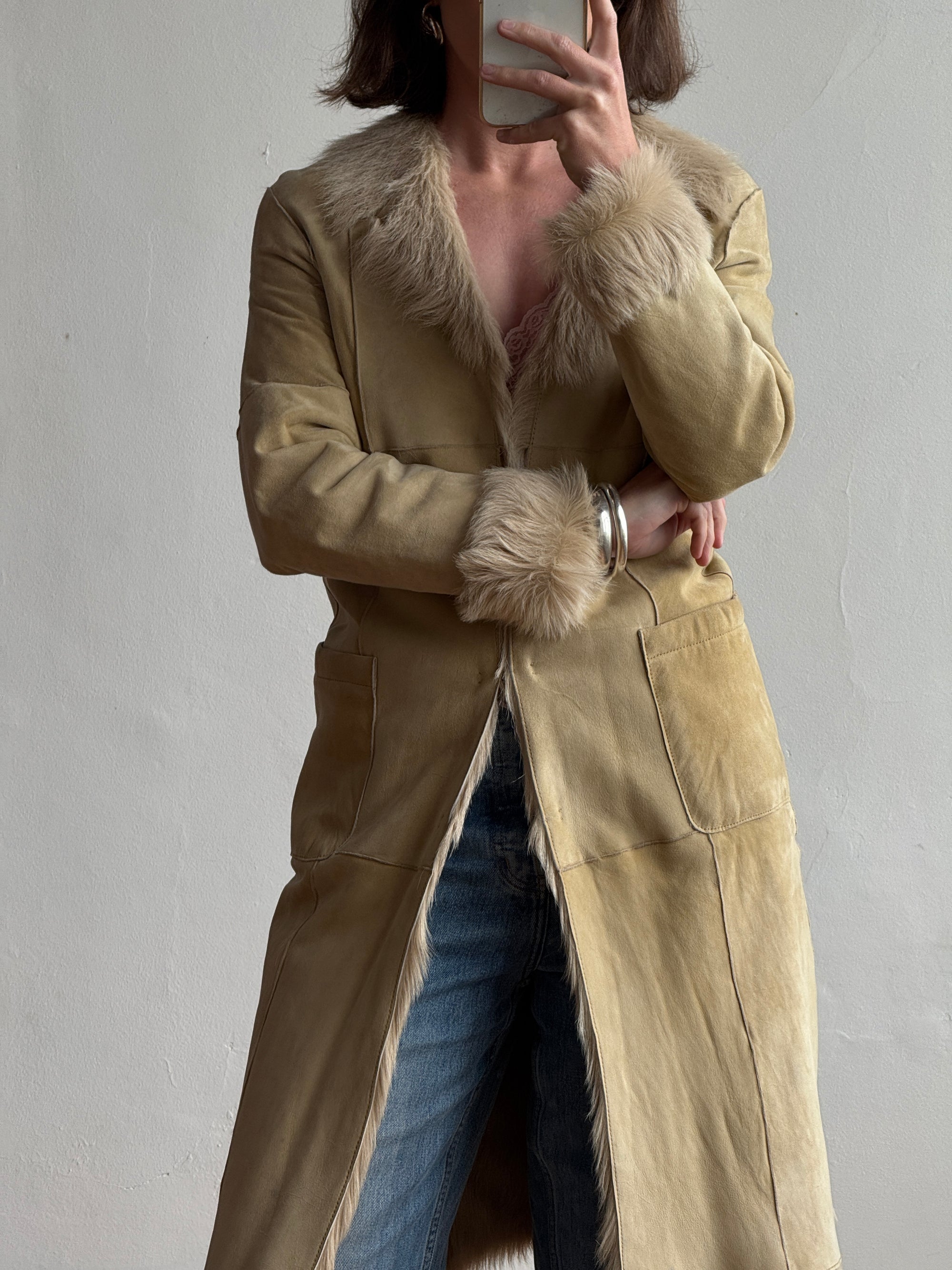 Vintage 90s Patchwork Leather Mid Length Coat with Fur Lining