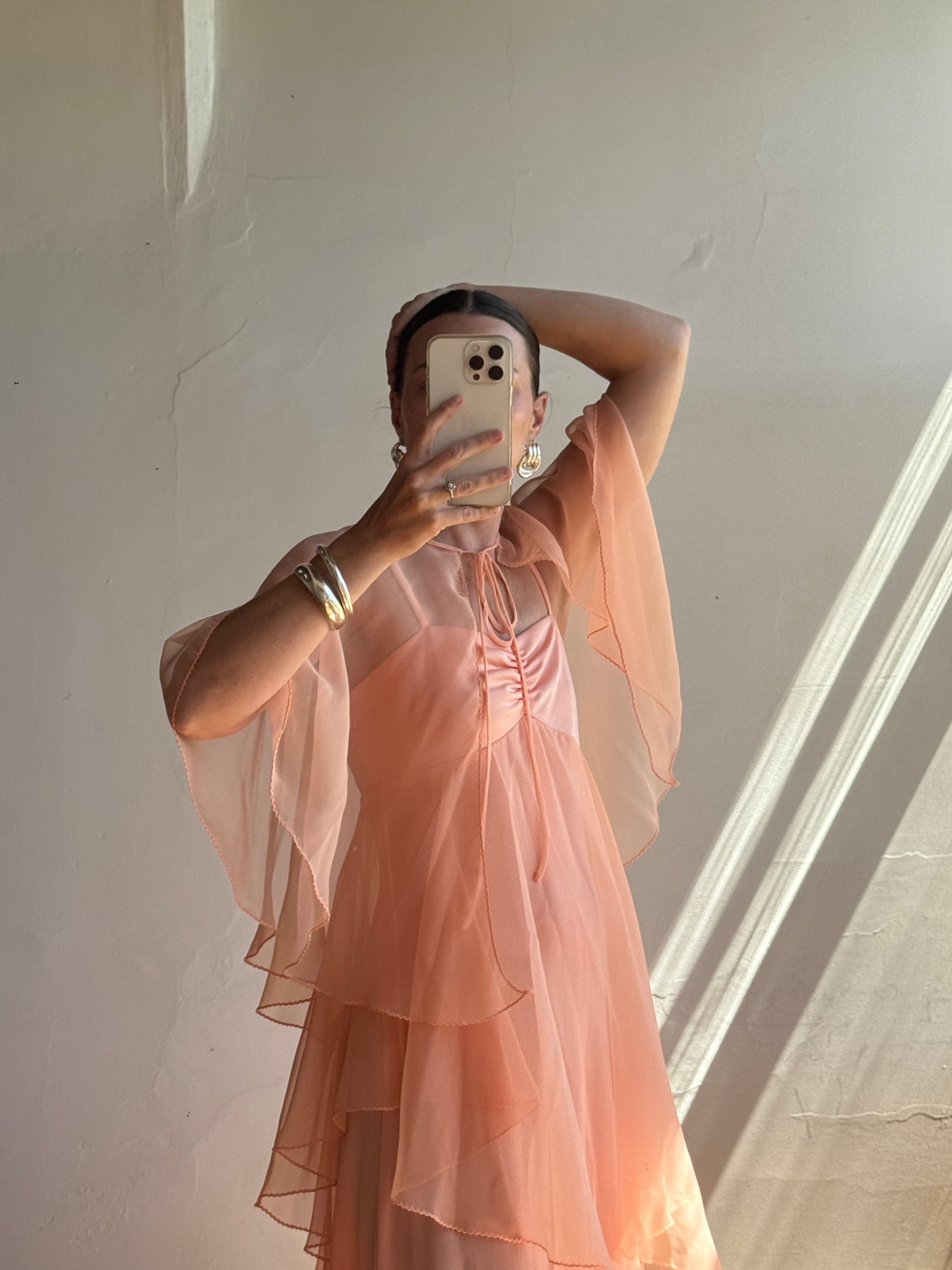 Vintage 70s Apricot Maxi Dress with Sheer Cape