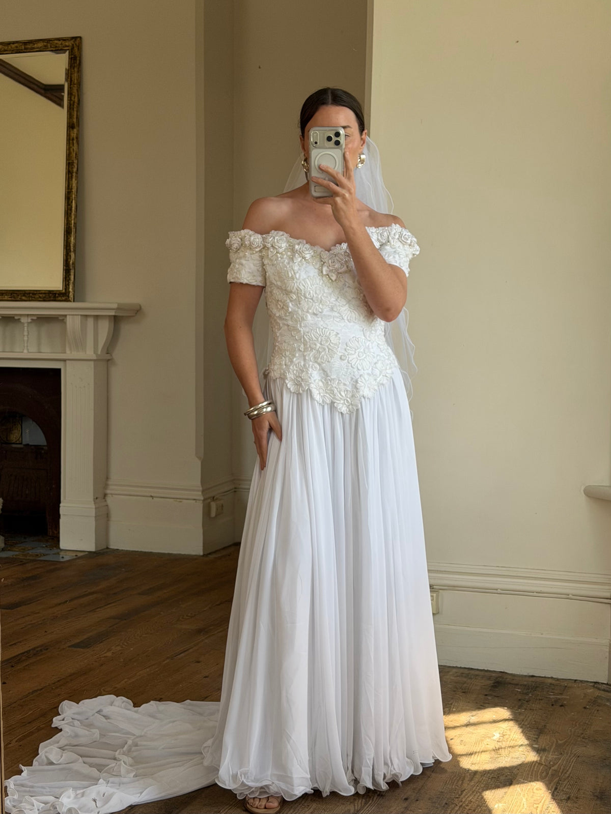 Vintage 80s 3D Floral Off Shoulder Bridal Gown and Veil