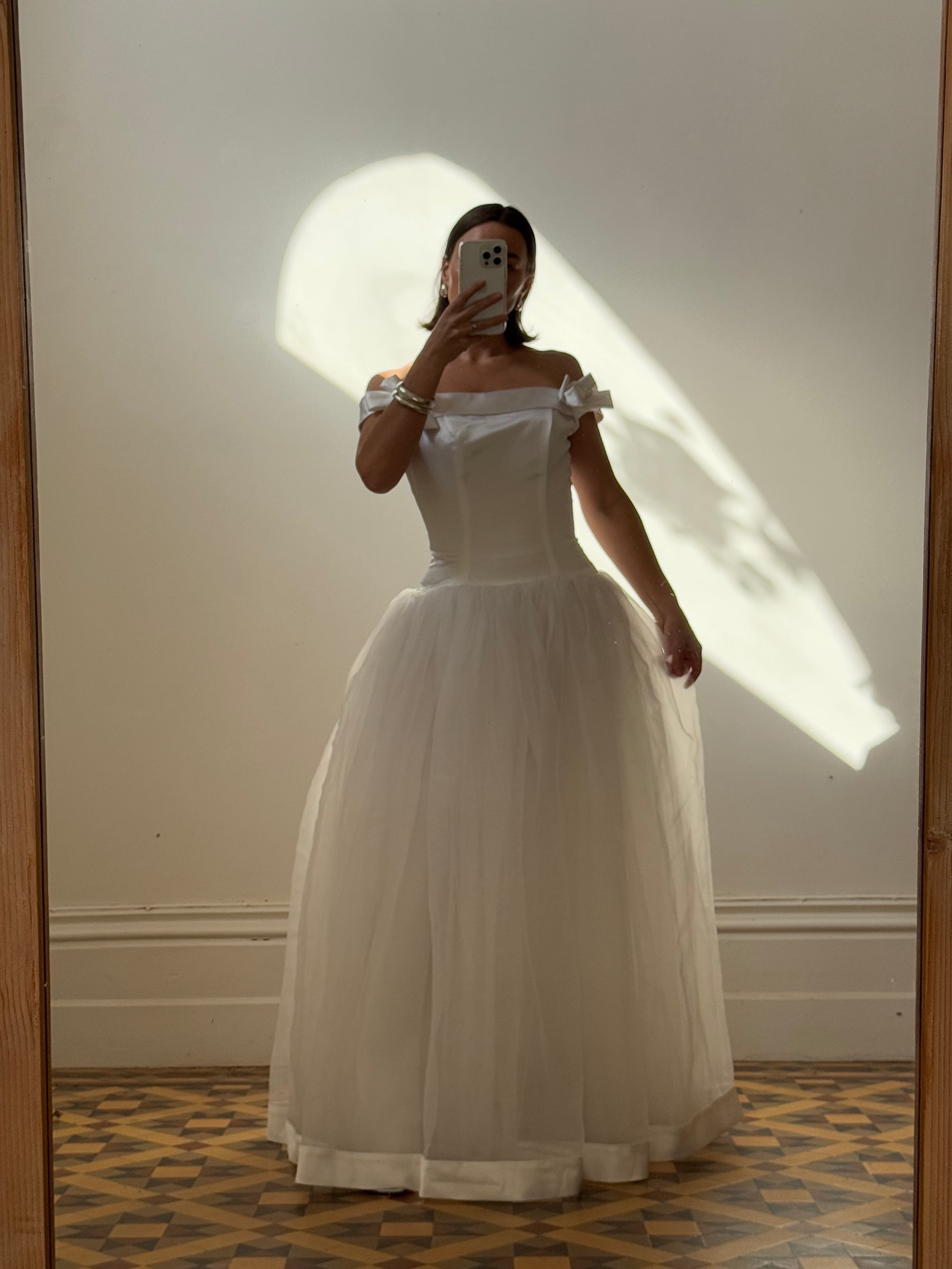 Vintage Y2K Satin Drop Waist Tulle Wedding Dress With Bows