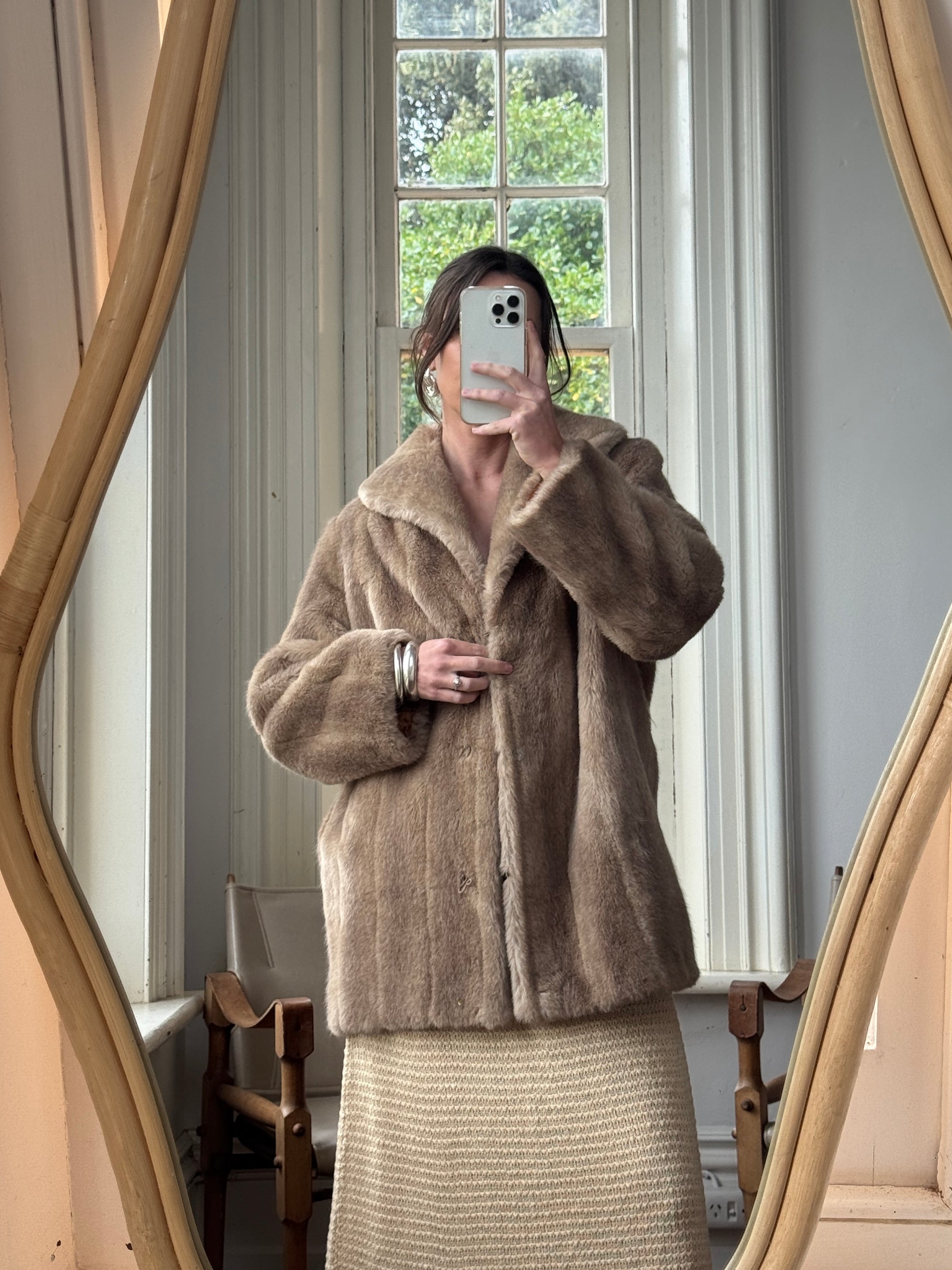 Vintage 60s Latte Faux Fur Mid Length Coat