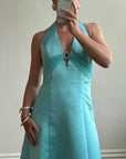 Vintage 90s A-Line Aqua Prom Dress with Rhinestones