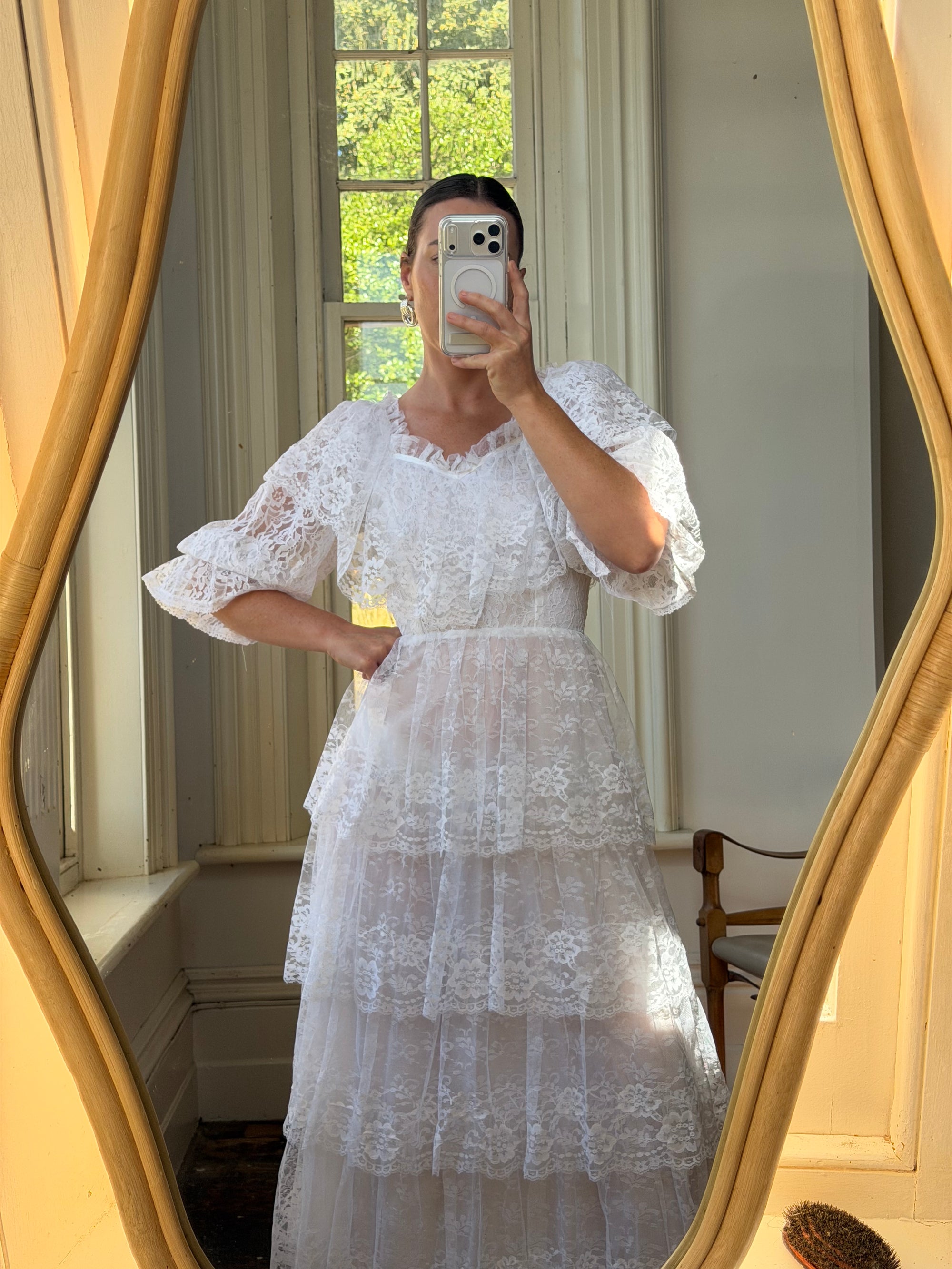 Vintage 70s Tiered Lace Wedding Dress Crisp White