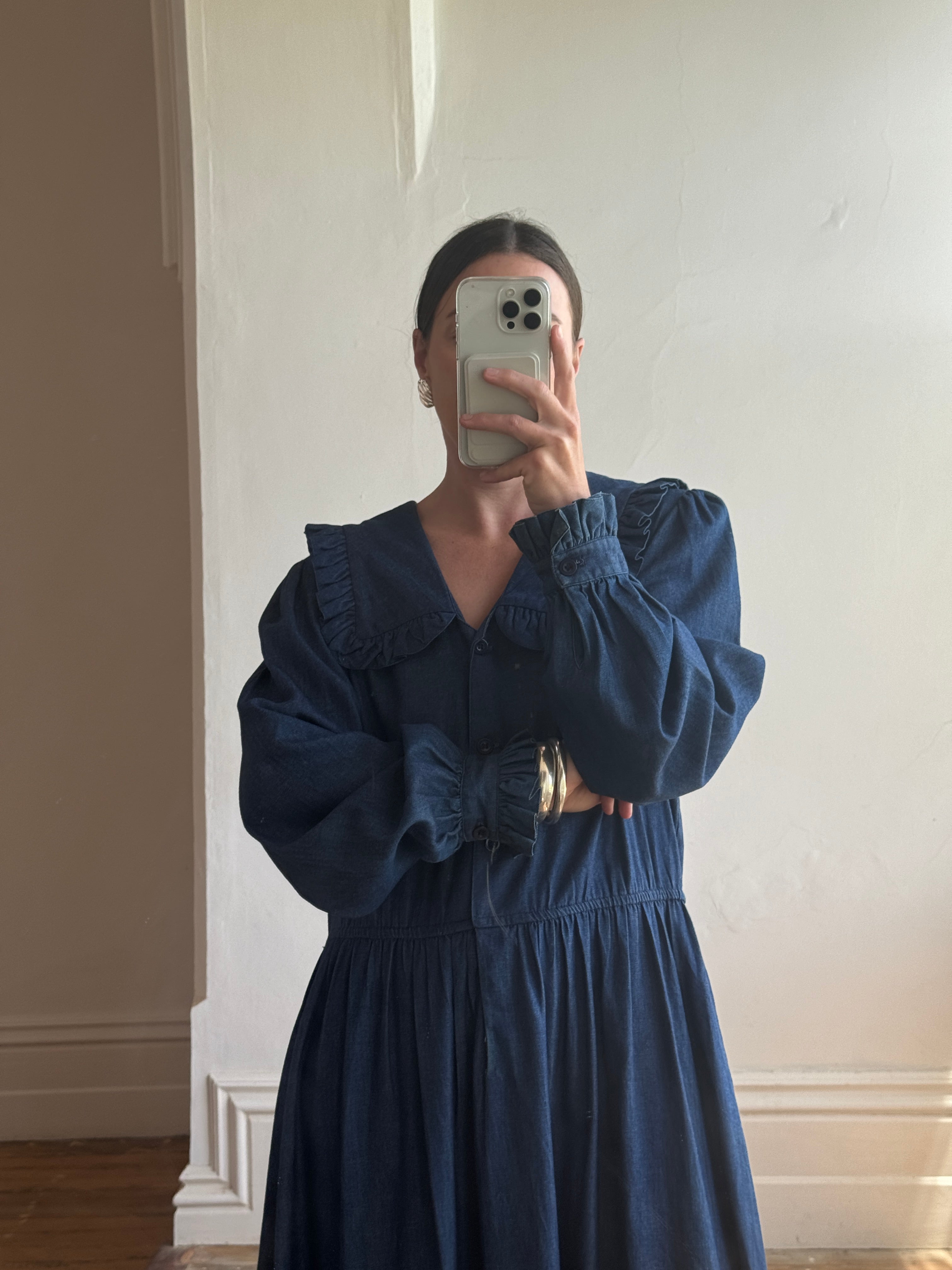 Vintage 80s Giant Collar Chambray Dress Navy