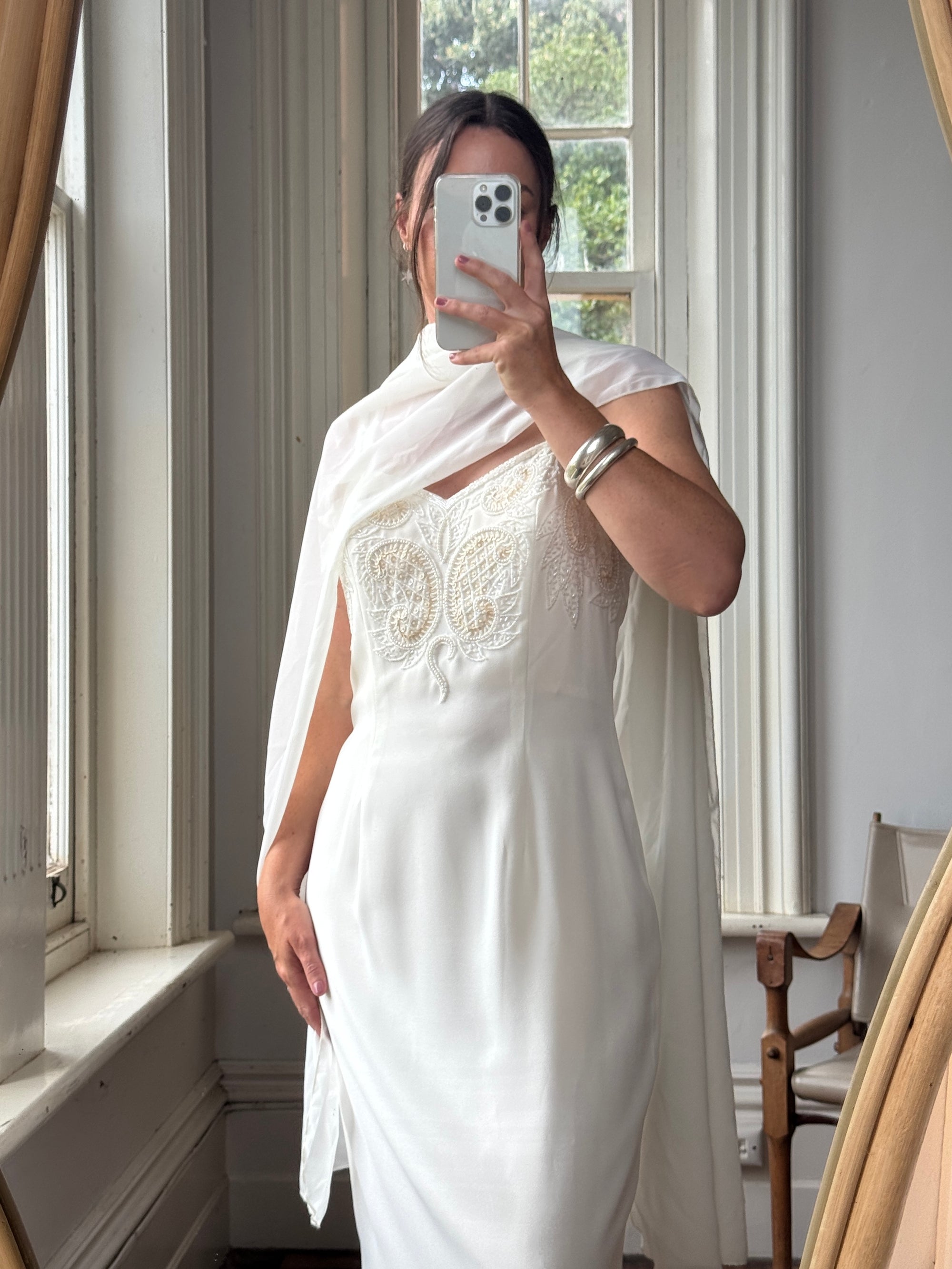 Vintage 90s Crepe Beaded Column Bridal Slip