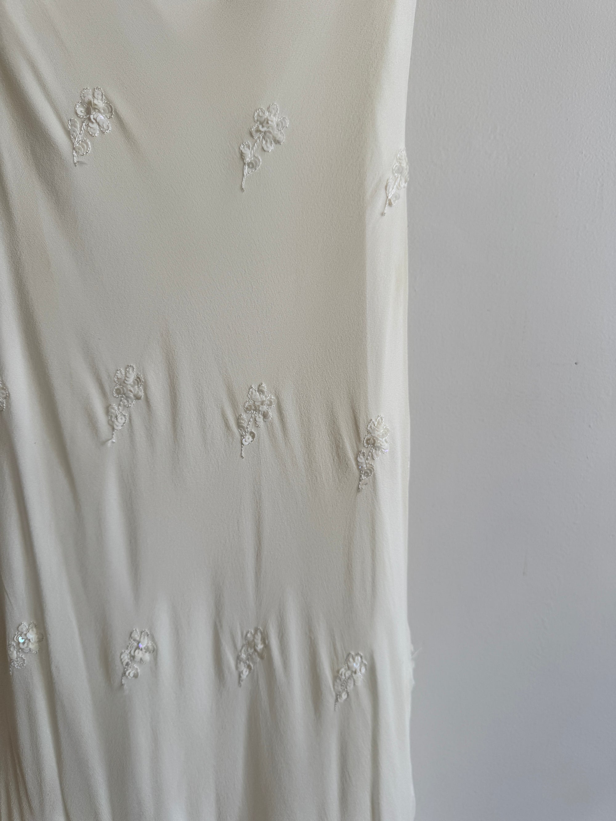 Vintage 90s Pure Silk Bias Cut Slip Embroidered Wedding Dress