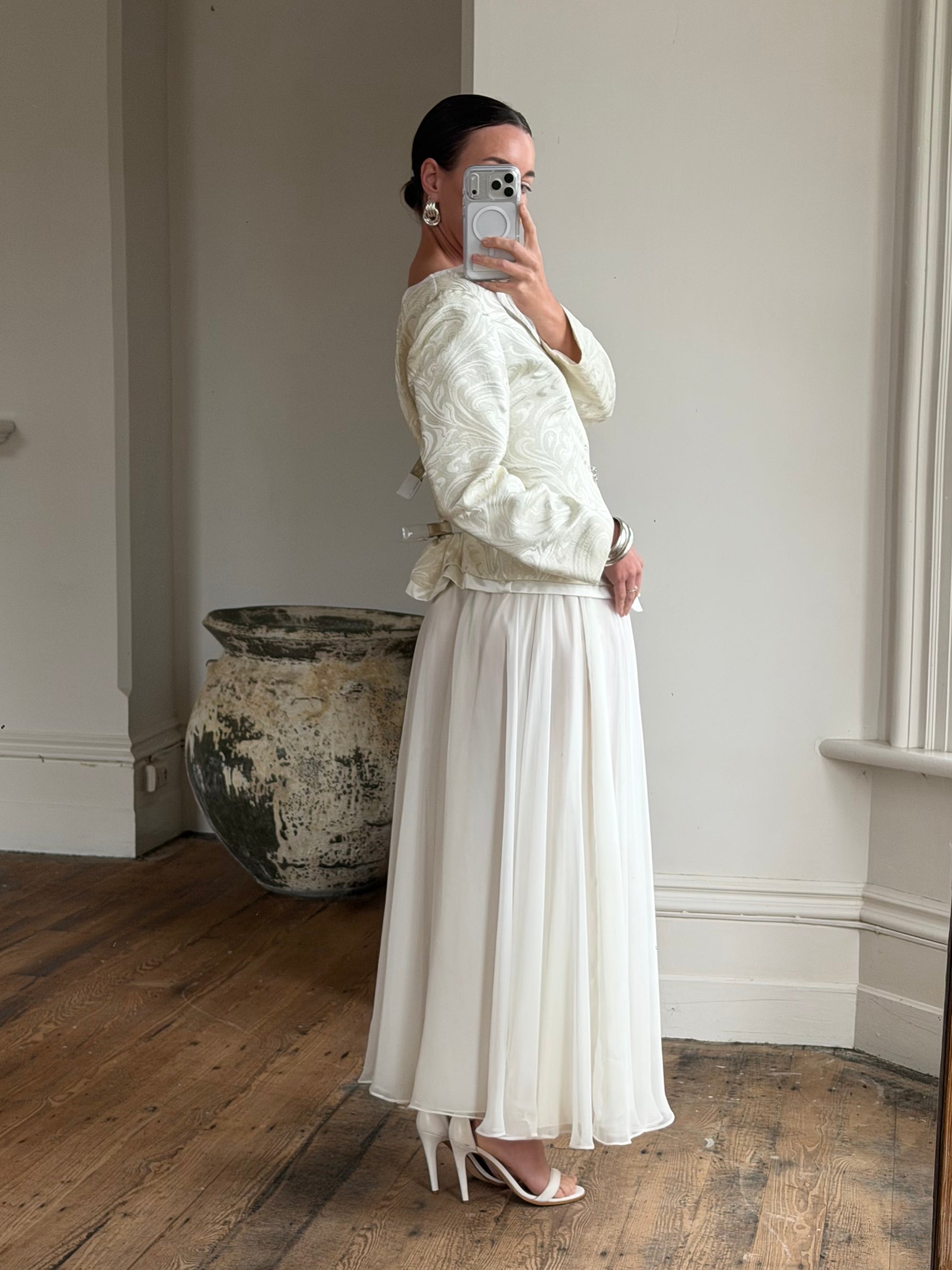 Vintage 90s Jacquard Rhinestone Jacket and Chiffon Bridal Skirt Set