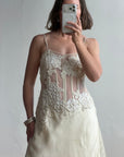 Vintage 90s Italian Nude Floral Beaded Silk Organza Wedding Gown