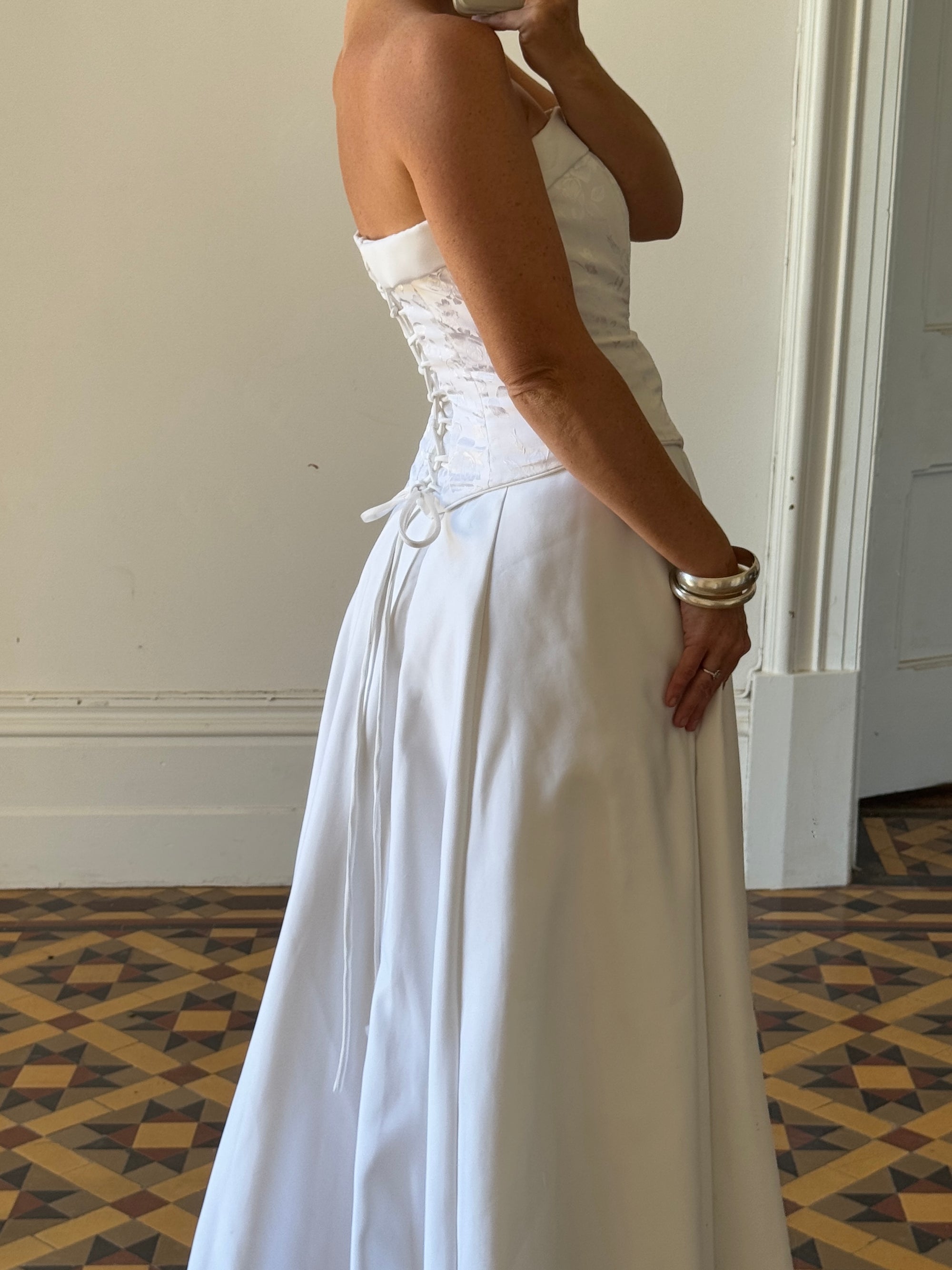 Vintage 90s Floral Jacquard Satin Corset and A-Line Skirt Set