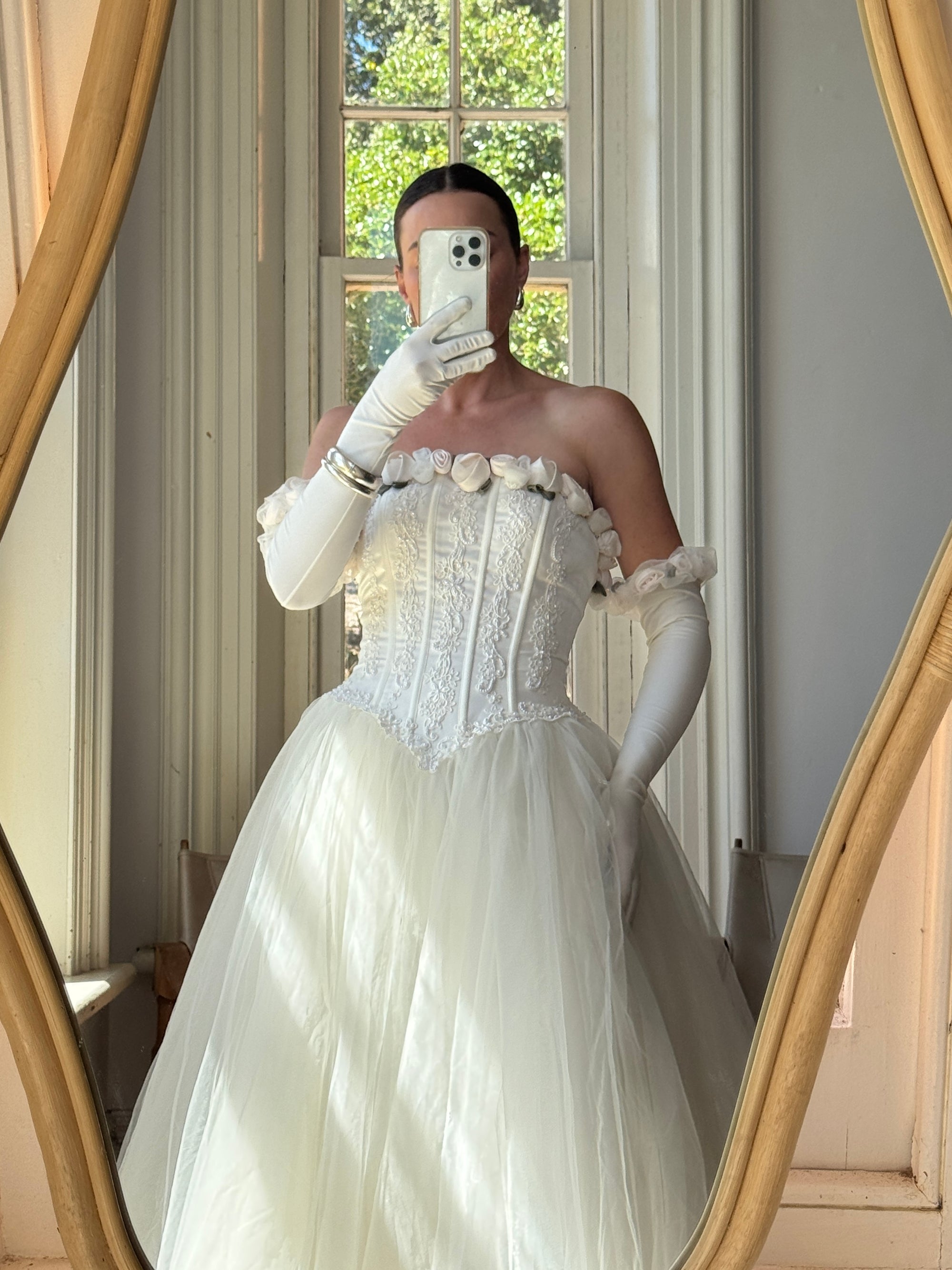 Vintage 90s Rosette Tulle Princess Wedding Gown with Gloves