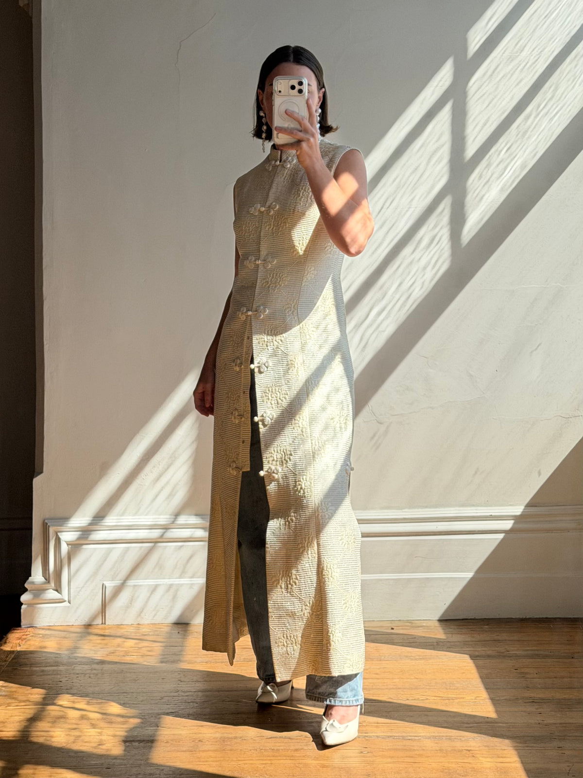 Vintage 60s Brocade Longline Qipao Cream