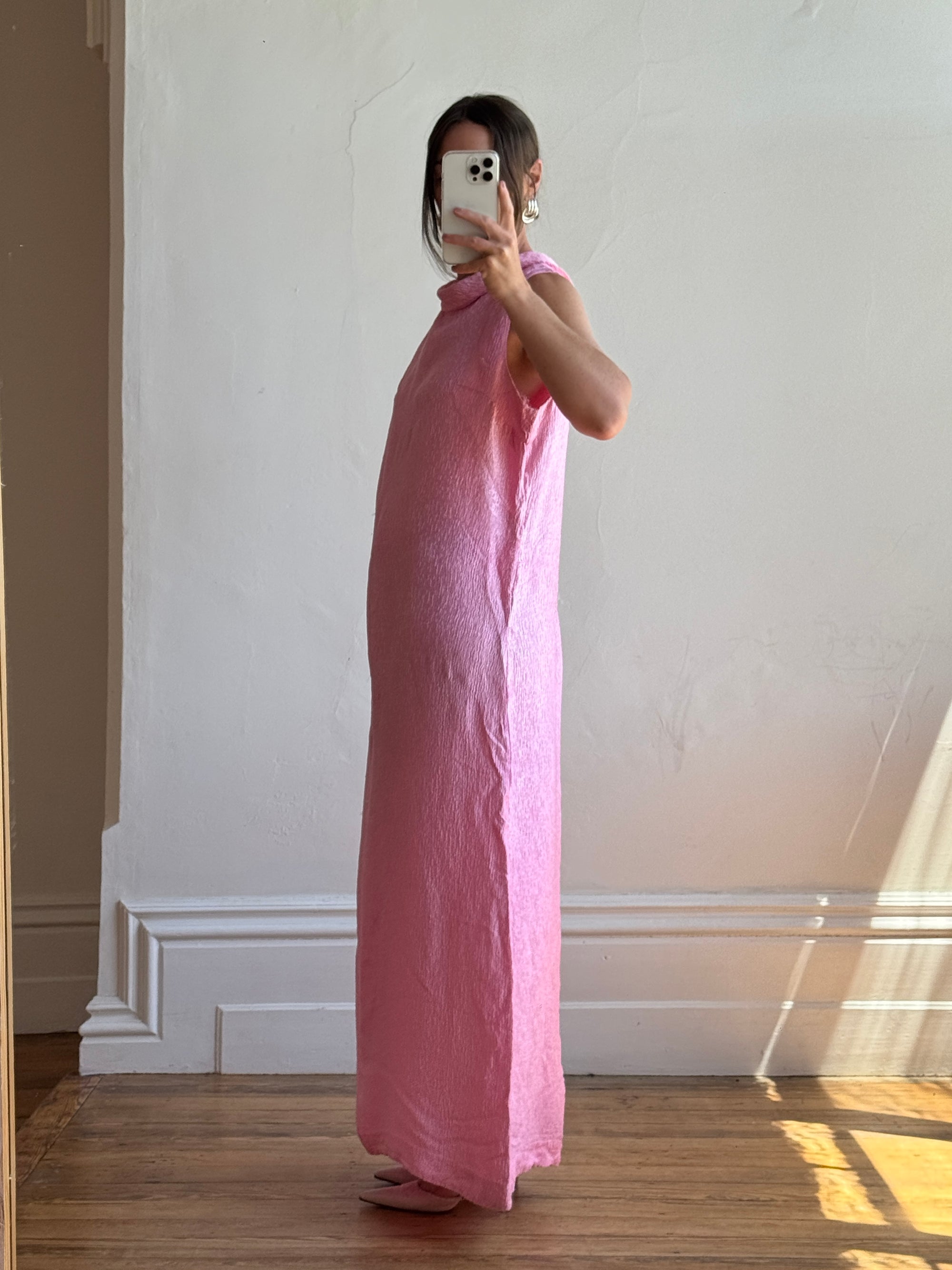 Vintage 80s Boat Neck Crinkle Dress Hot Pink