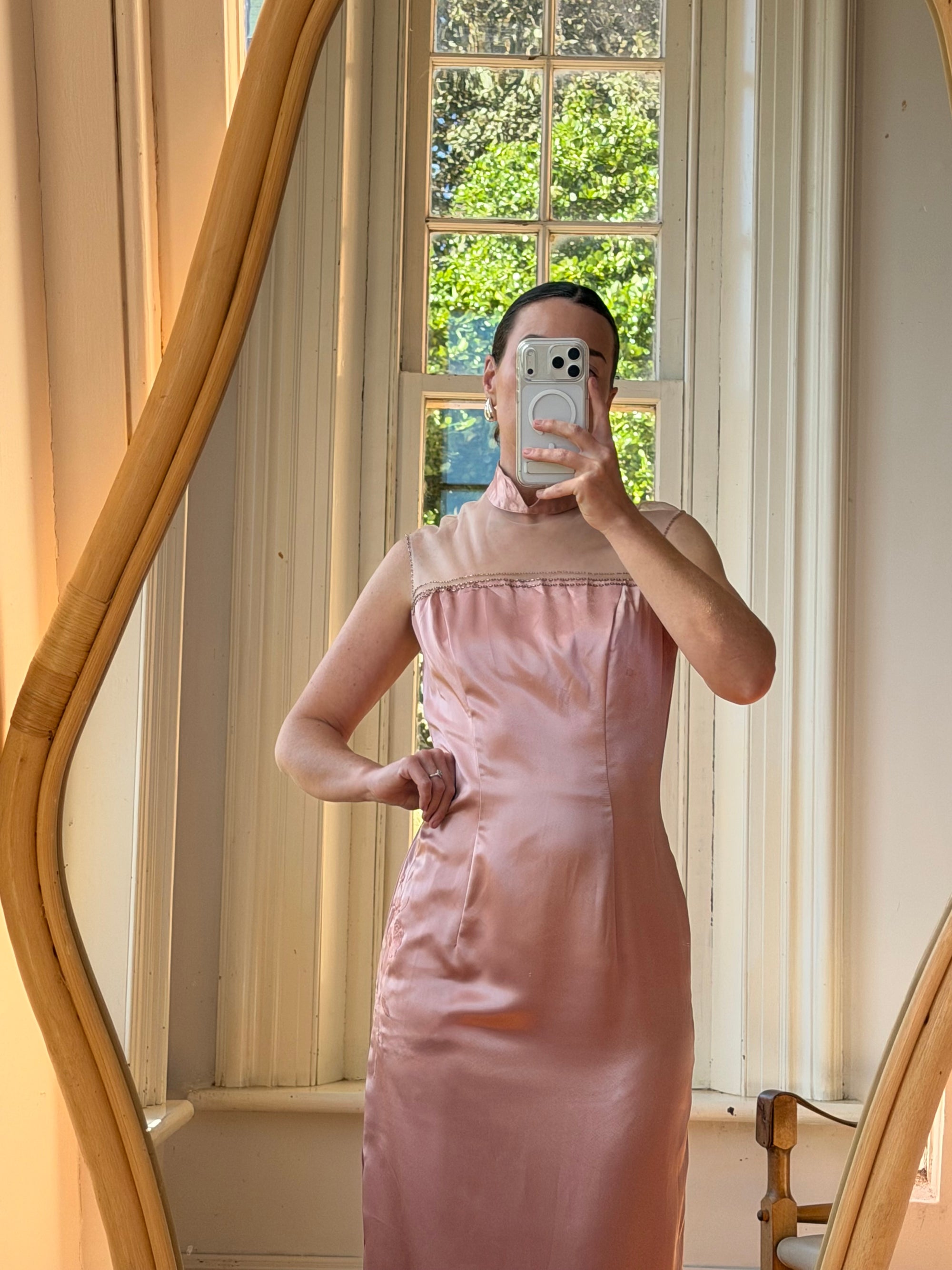 Vintage 90s Dusty Rose Satin High Neck Dress