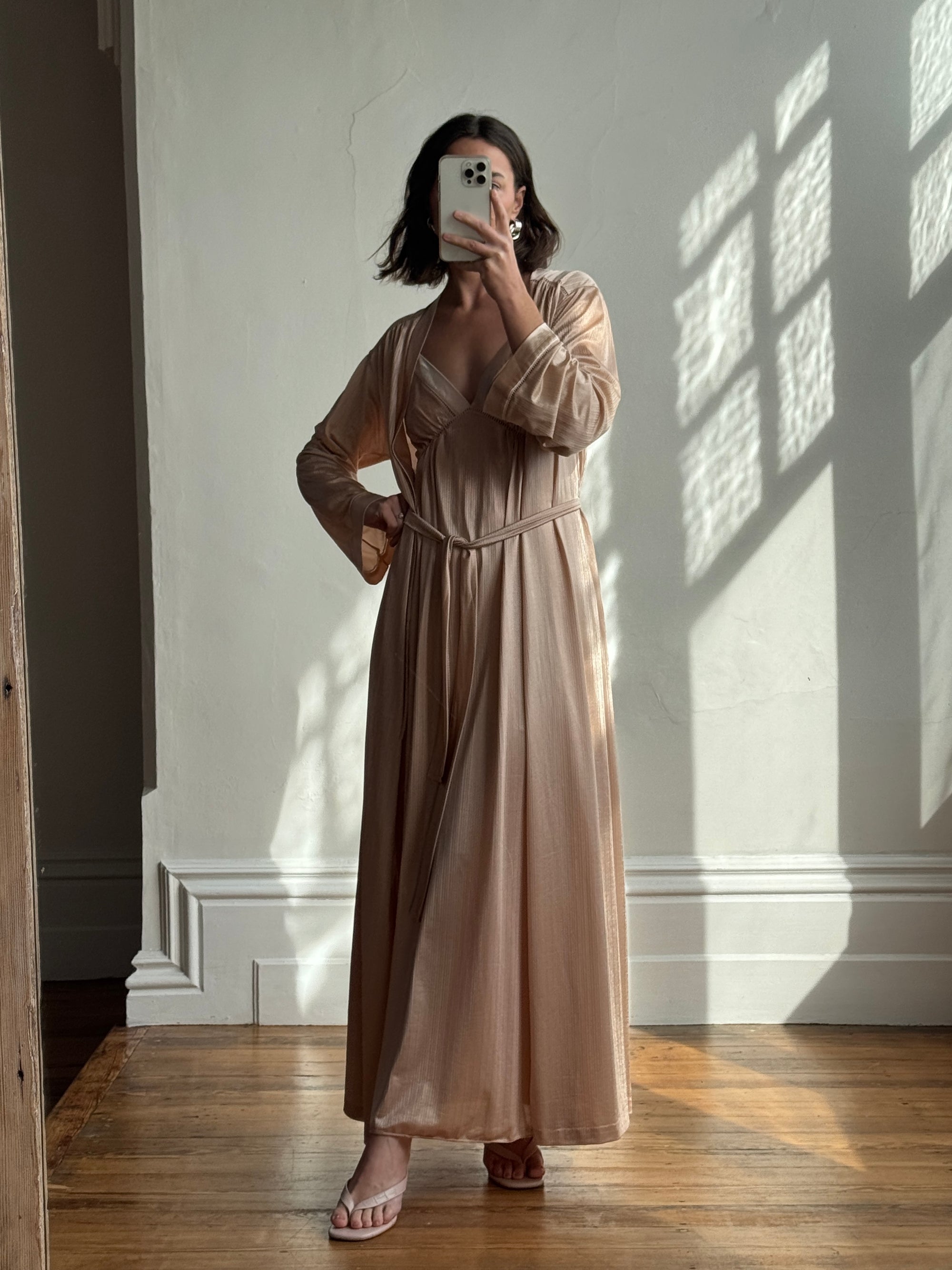 Vintage 80s Champagne Peach Robe and Slip Set