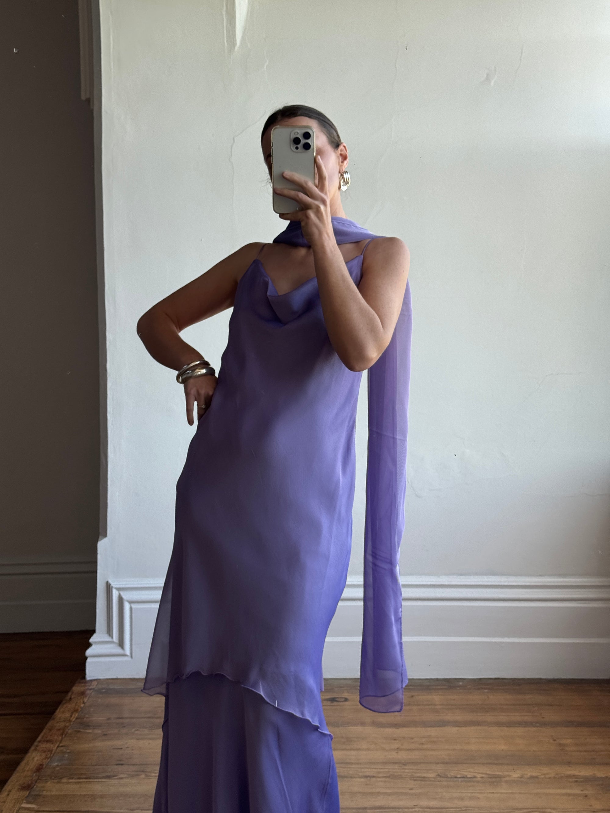Vintage 90s Lilac Cowl Tiered Slip Dress with Scarf