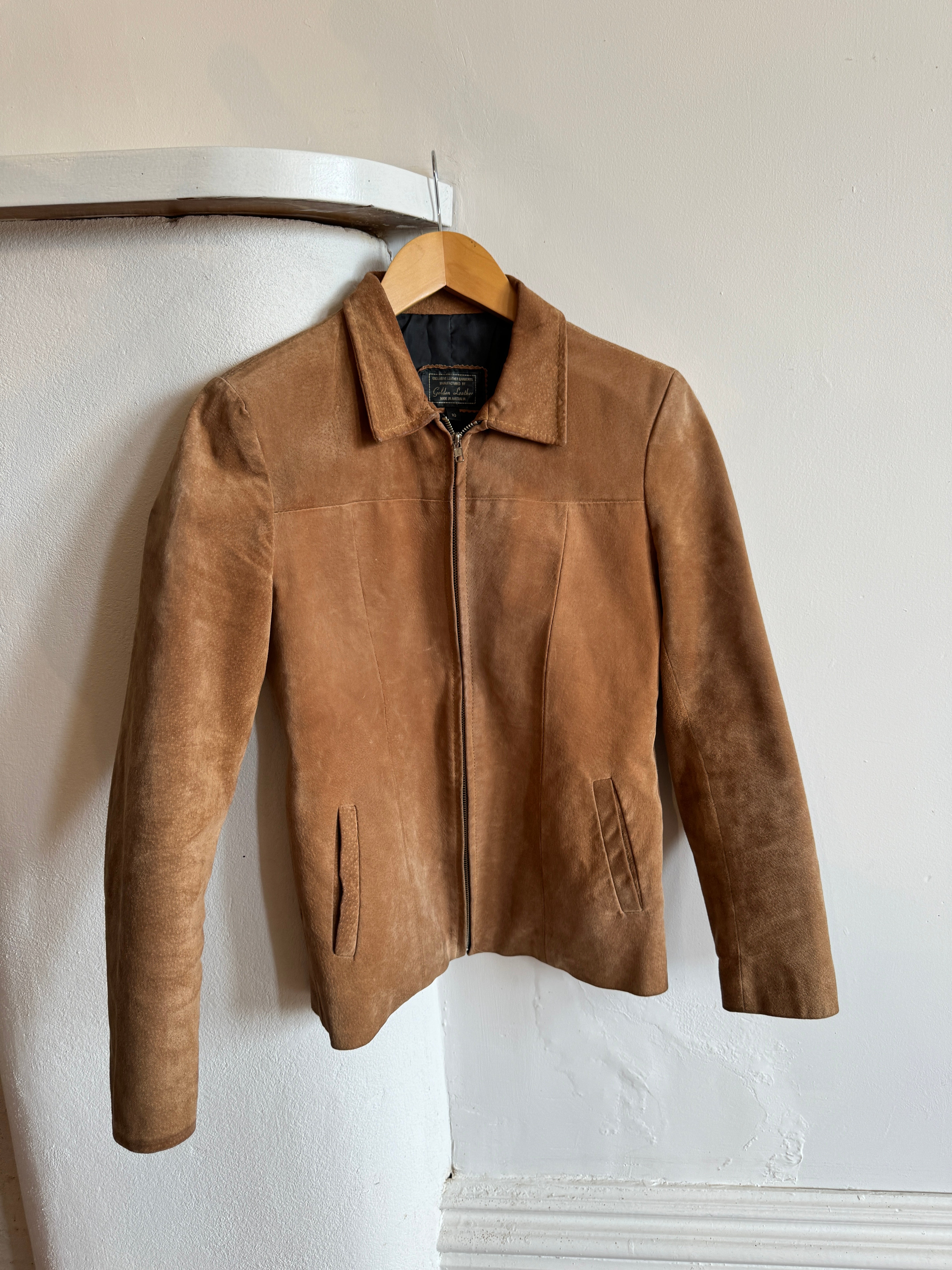 Vintage Tan Leather Zip Front Jacket