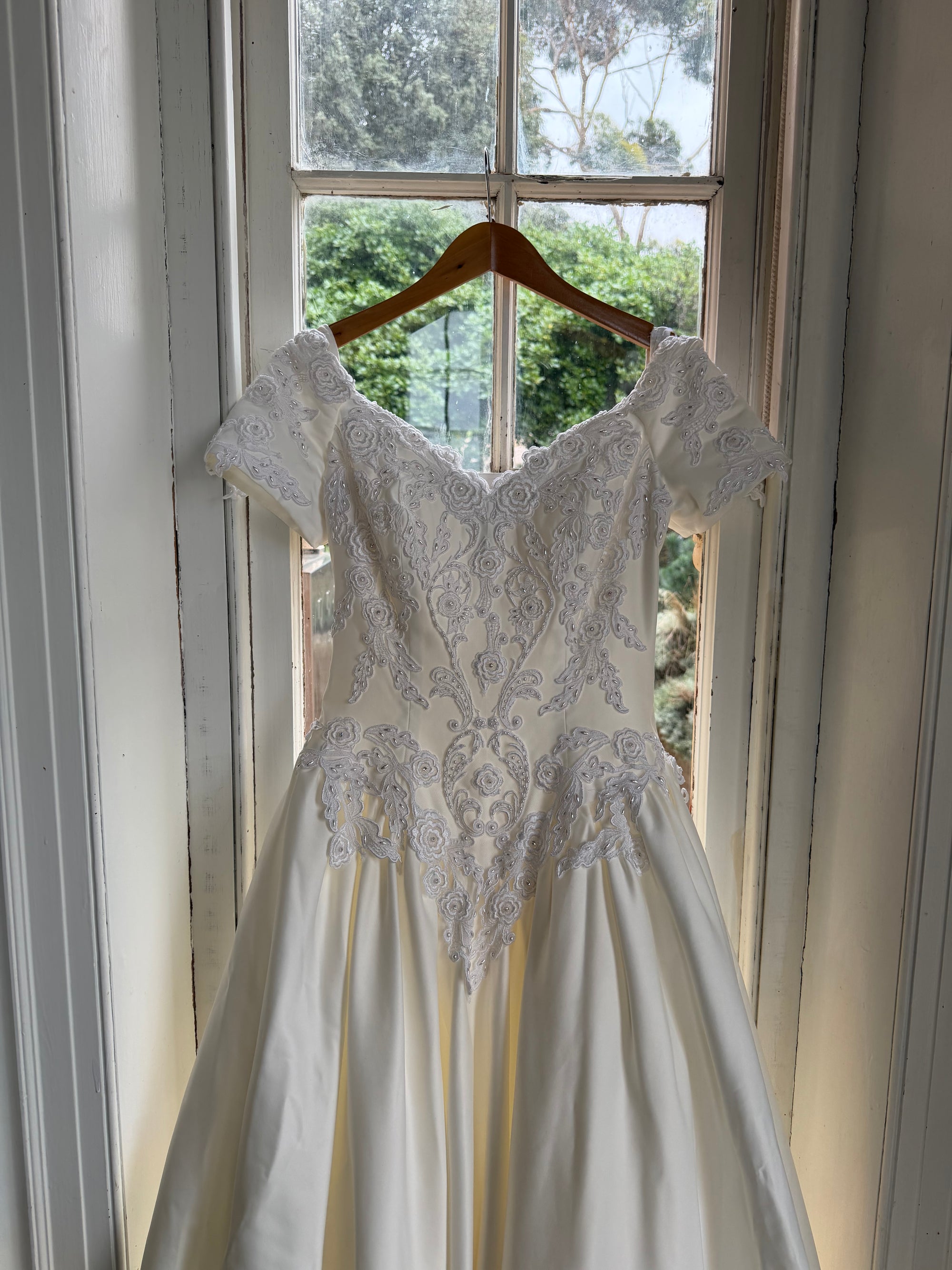 Vintage 90s Embellished Off Shoulder Satin Wedding Gown