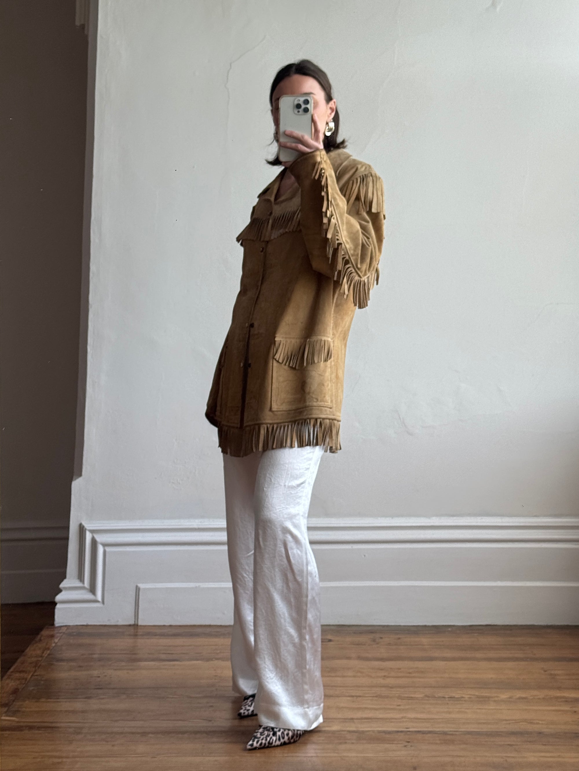 Vintage 70s Western Fringe Suede Leather Jacket Tan