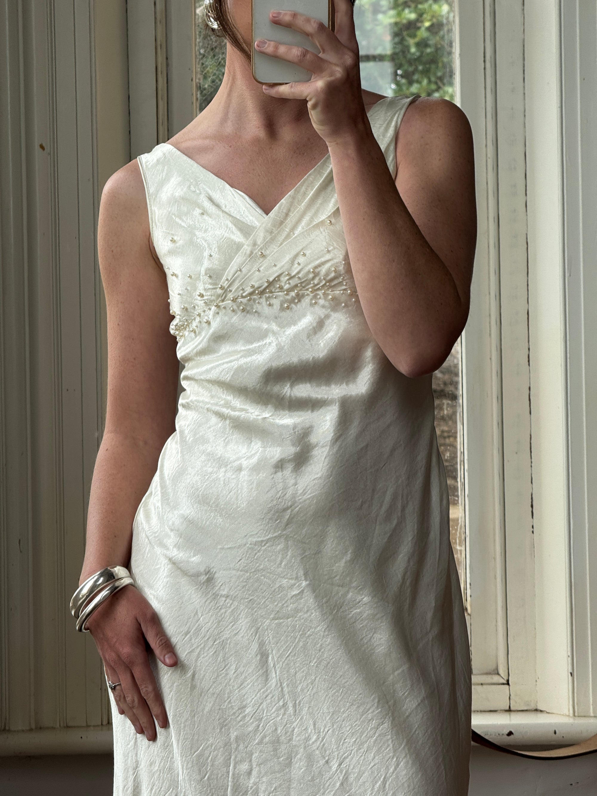 Vintage 90s Pearl Satin Bias Bridal Slip