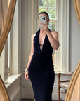 Vintage 90s Plunging Navy Velvet Bodycon Dress with Silver Hardware