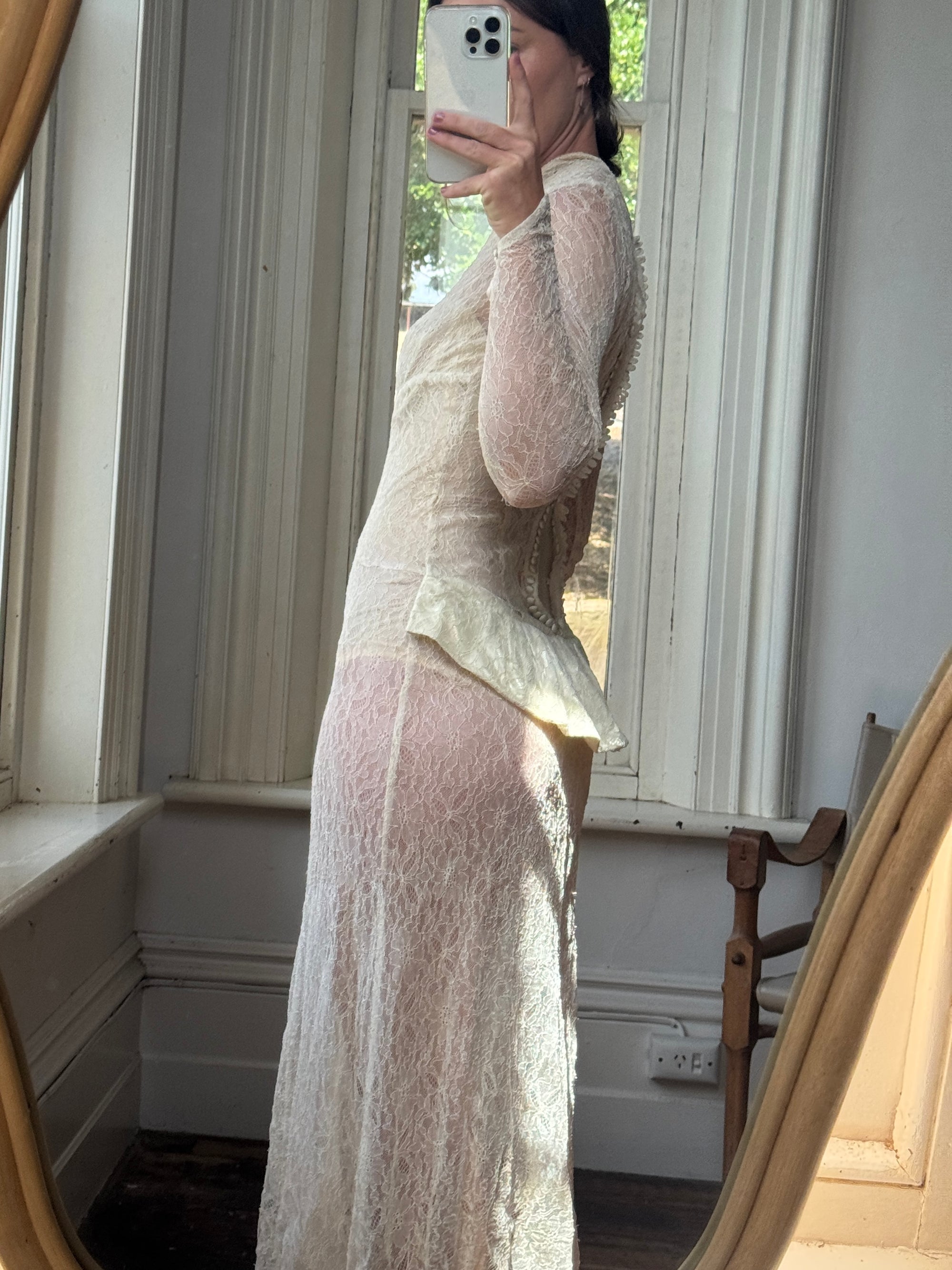 Vintage 20s Sheer Lace Bias Cut Wedding Gown