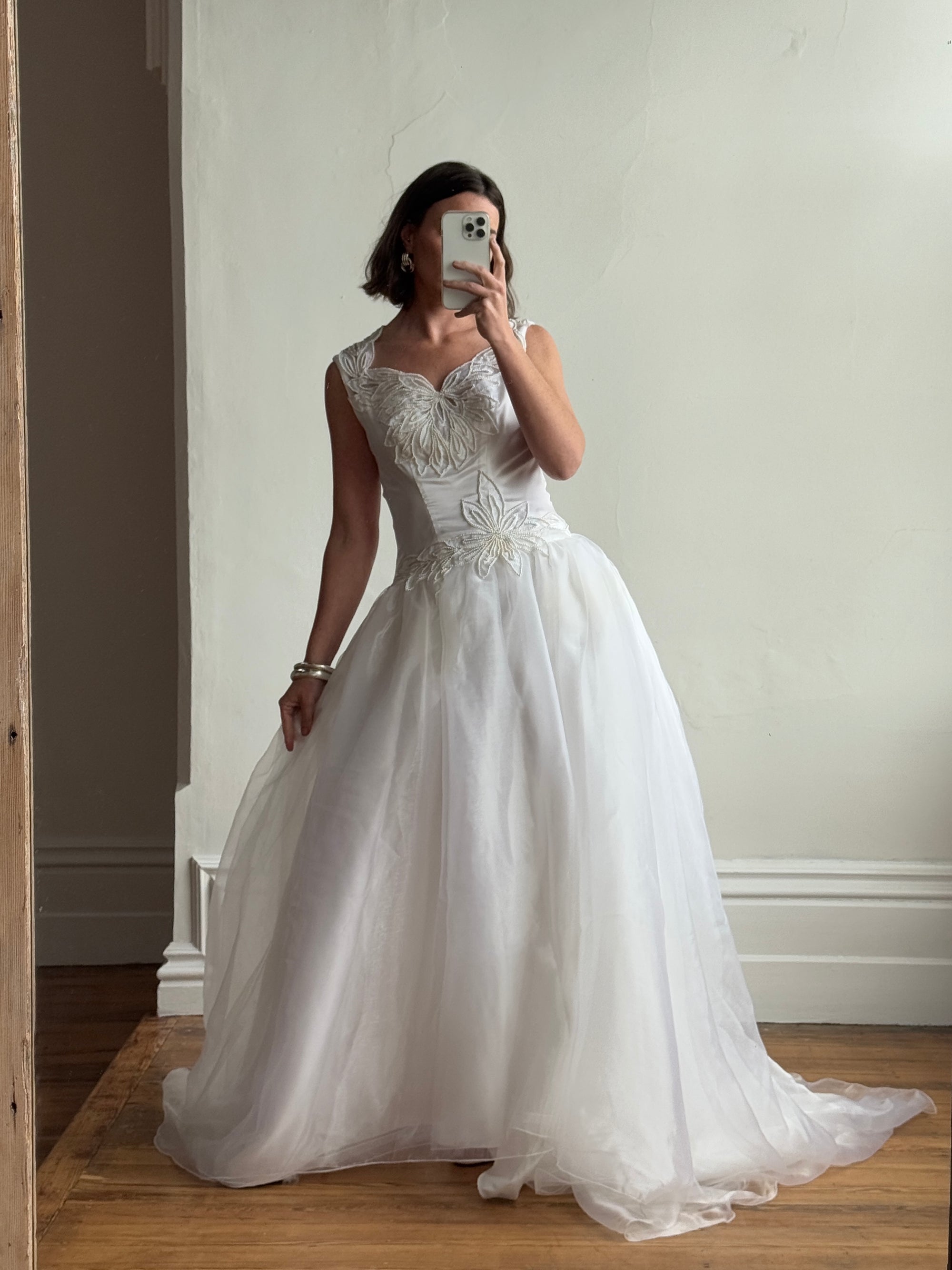 Vintage 80s Pearl Embellished Chiffon Princess Wedding Dress