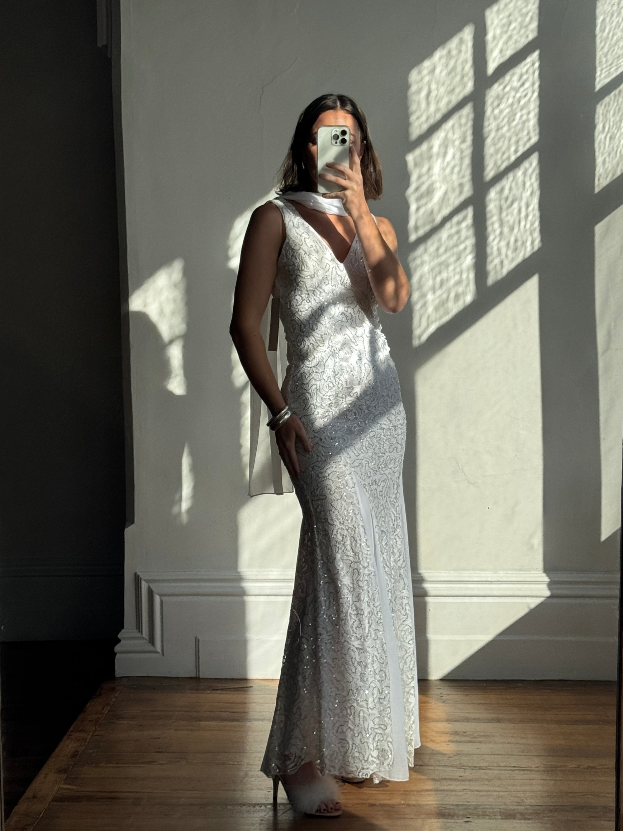 Vintage 90s Silver Sequin Fairy Wedding Dress With Scarf