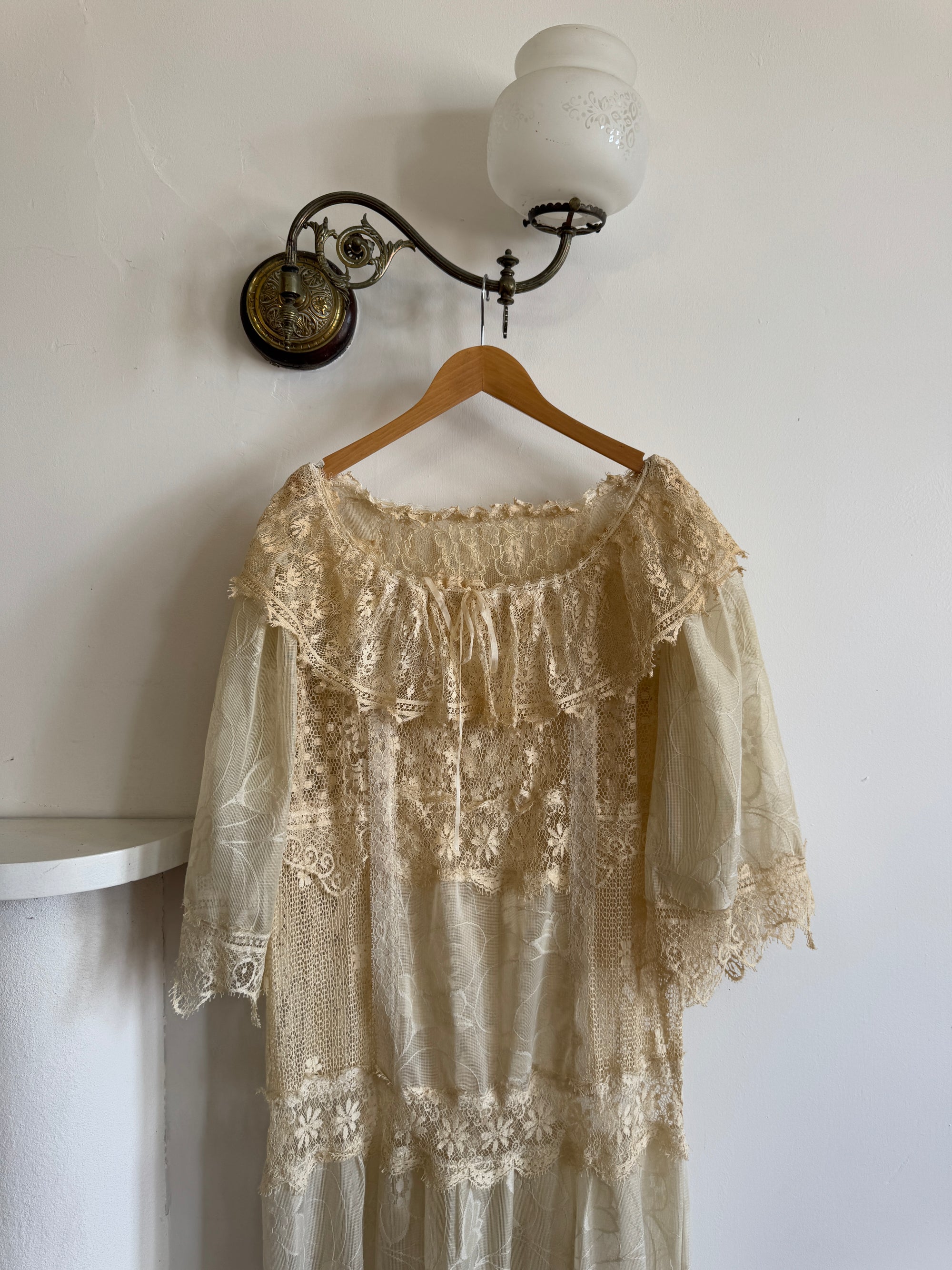 Vintage 70s Patchwork Lace Gown Creme