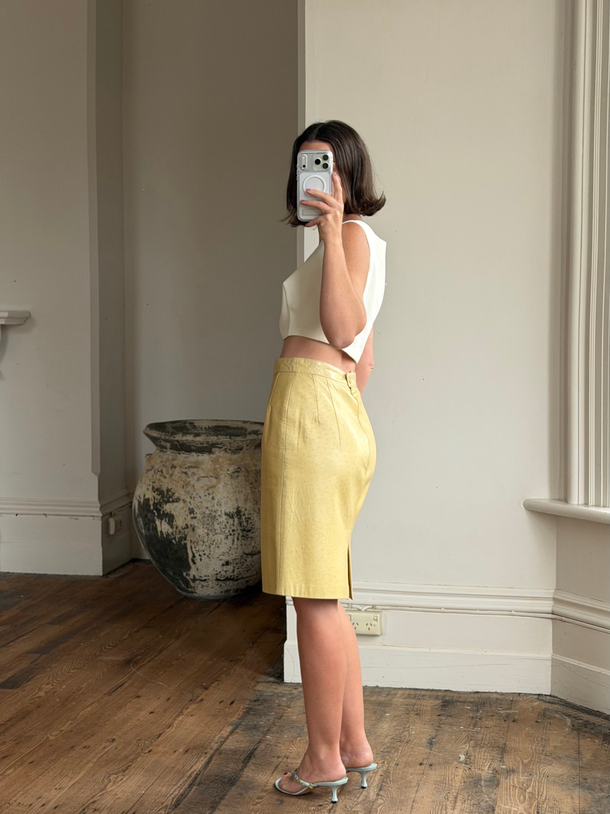 Vintage 90s Escada Butter Ostrich Leather Pencil Skirt