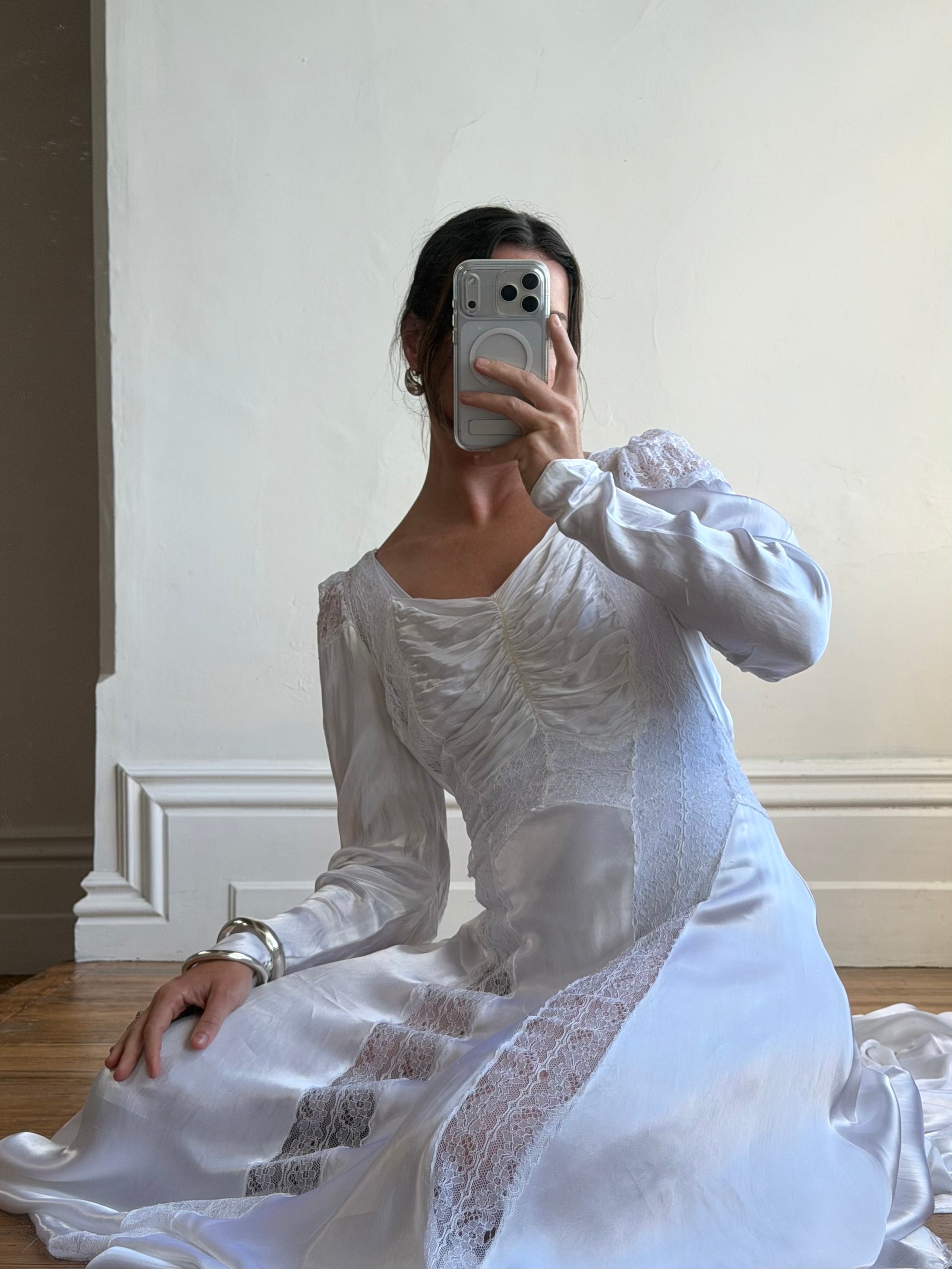 Vintage 40s Liquid Silk Satin Sheer Lace Wedding Gown