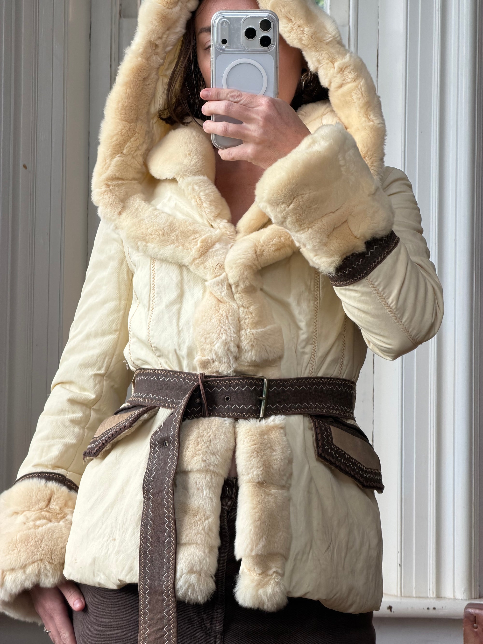 Vintage Y2K Italian Leather and Fur Belted Jacket with Hood