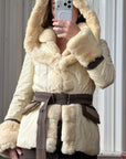 Vintage Y2K Italian Leather and Fur Belted Jacket with Hood