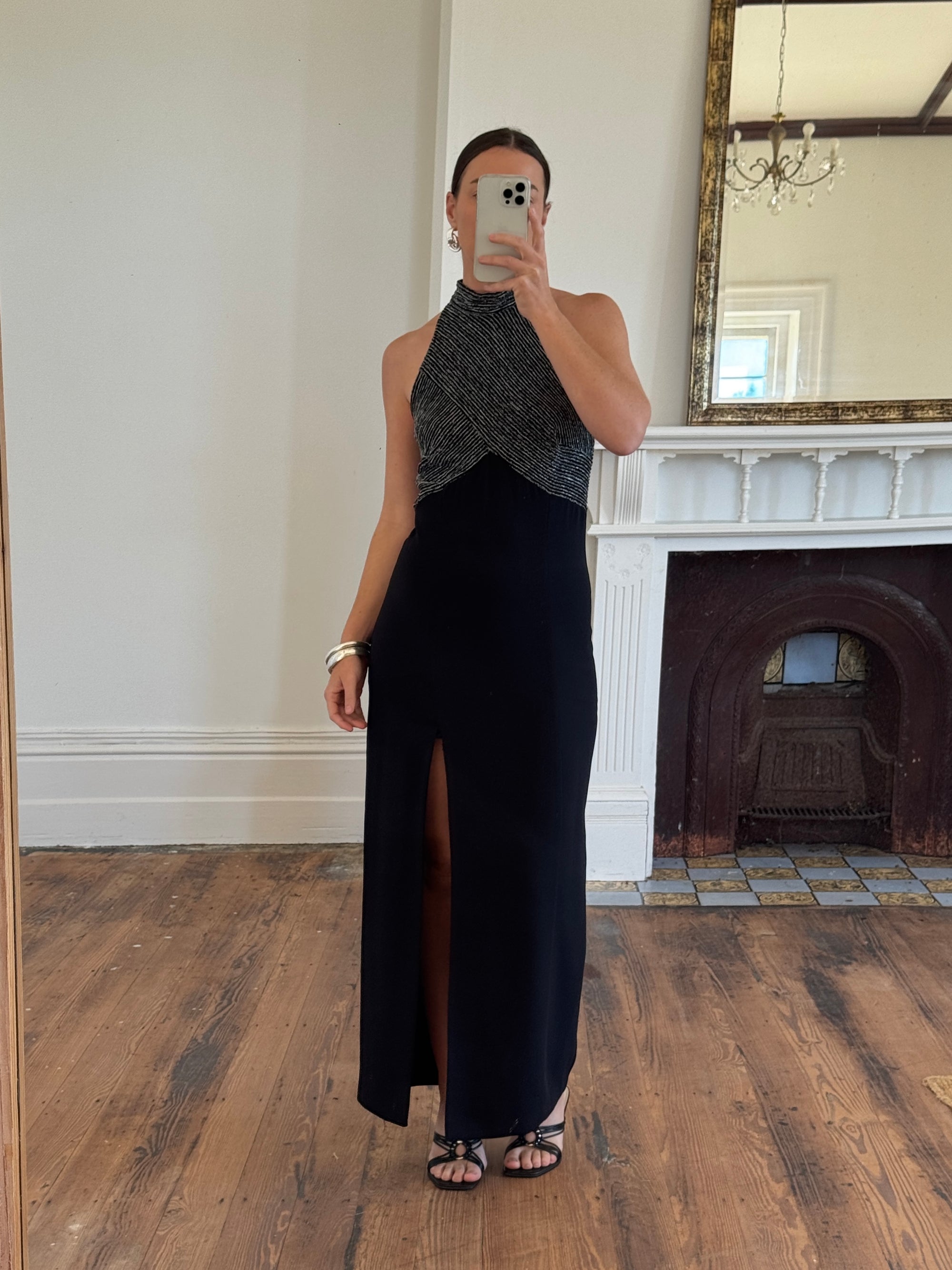 Vintage 70s High Neck Silver Lurex Evening Gown Noir