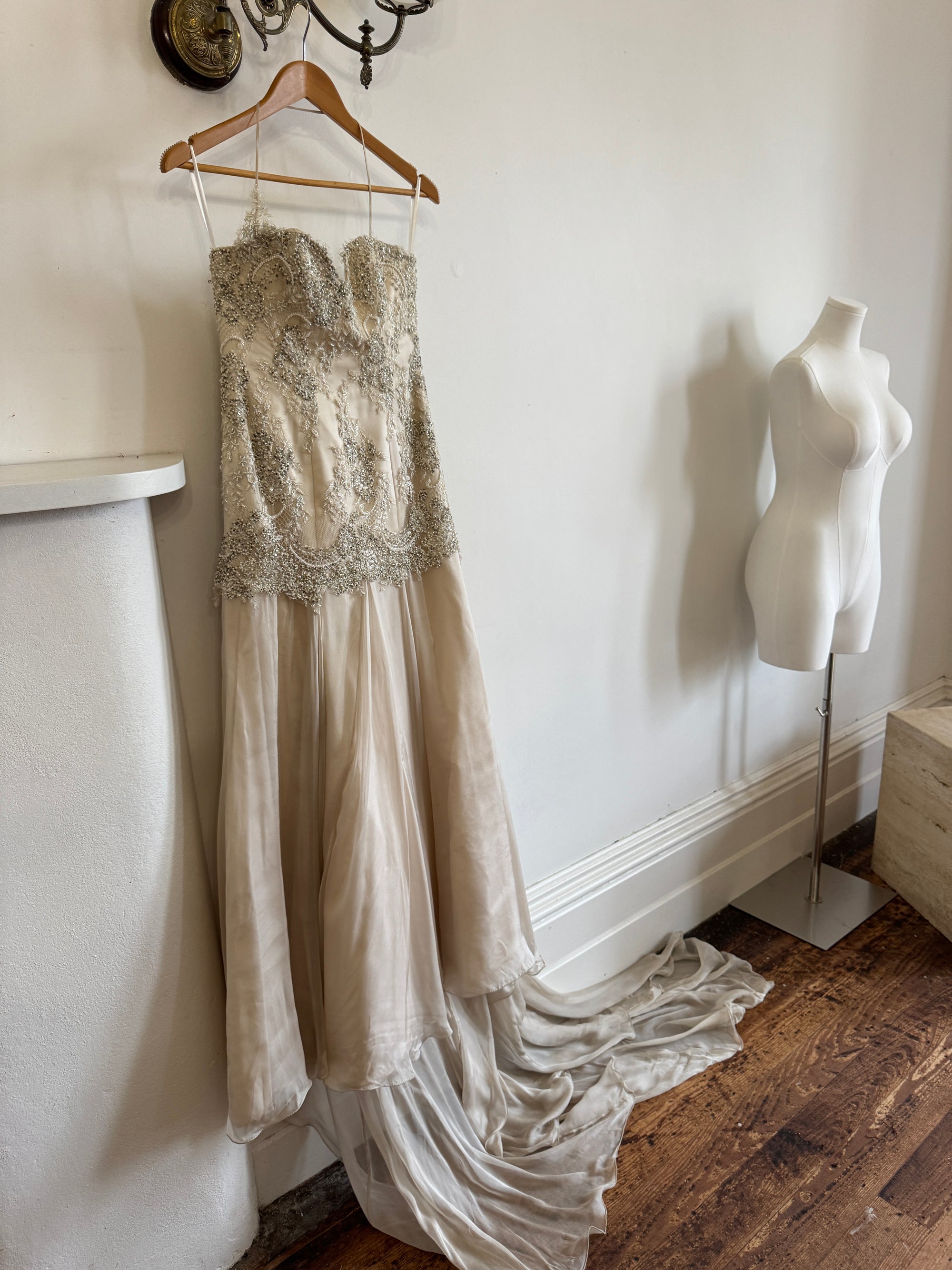 Vintage 90s Pure Silk Drop Waist Beaded Halter Gown with Cathedral Train