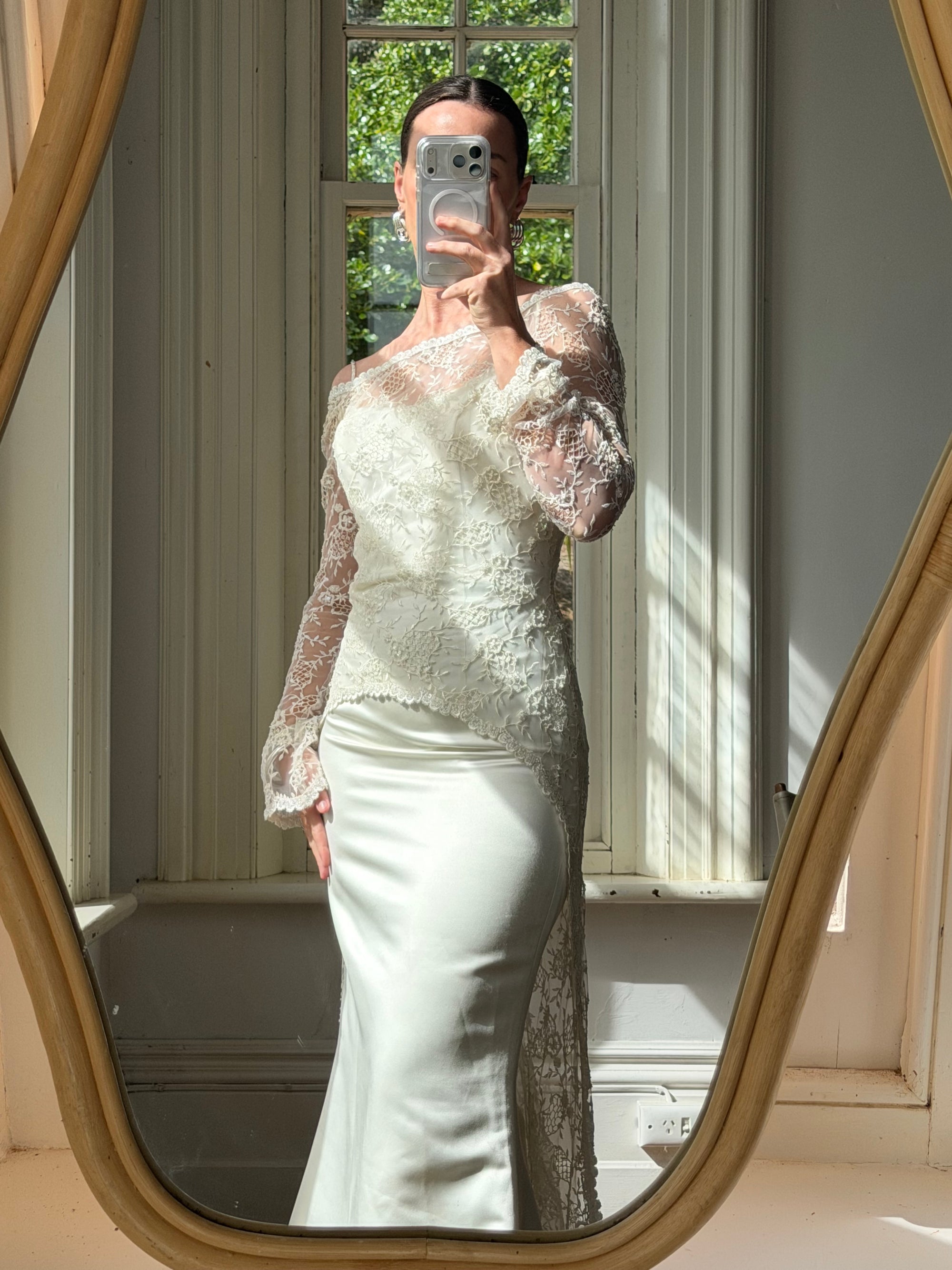 Vintage 90s Italian Beaded Lace and Satin Wedding Gown