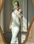 Vintage 90s Italian Beaded Lace and Satin Wedding Gown