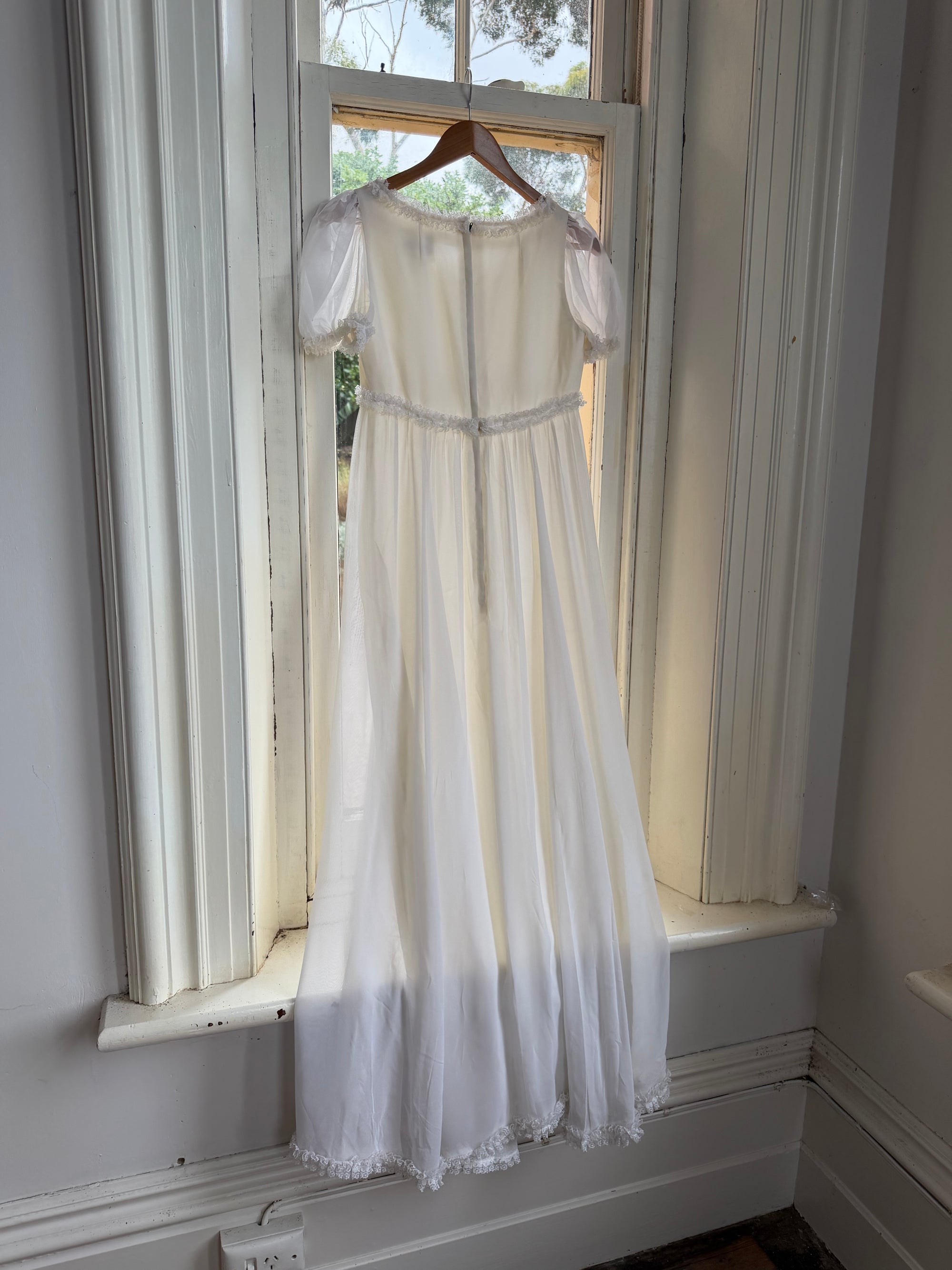 Vintage 70s White Chiffon Smocked Puff Sleeve Wedding Dress