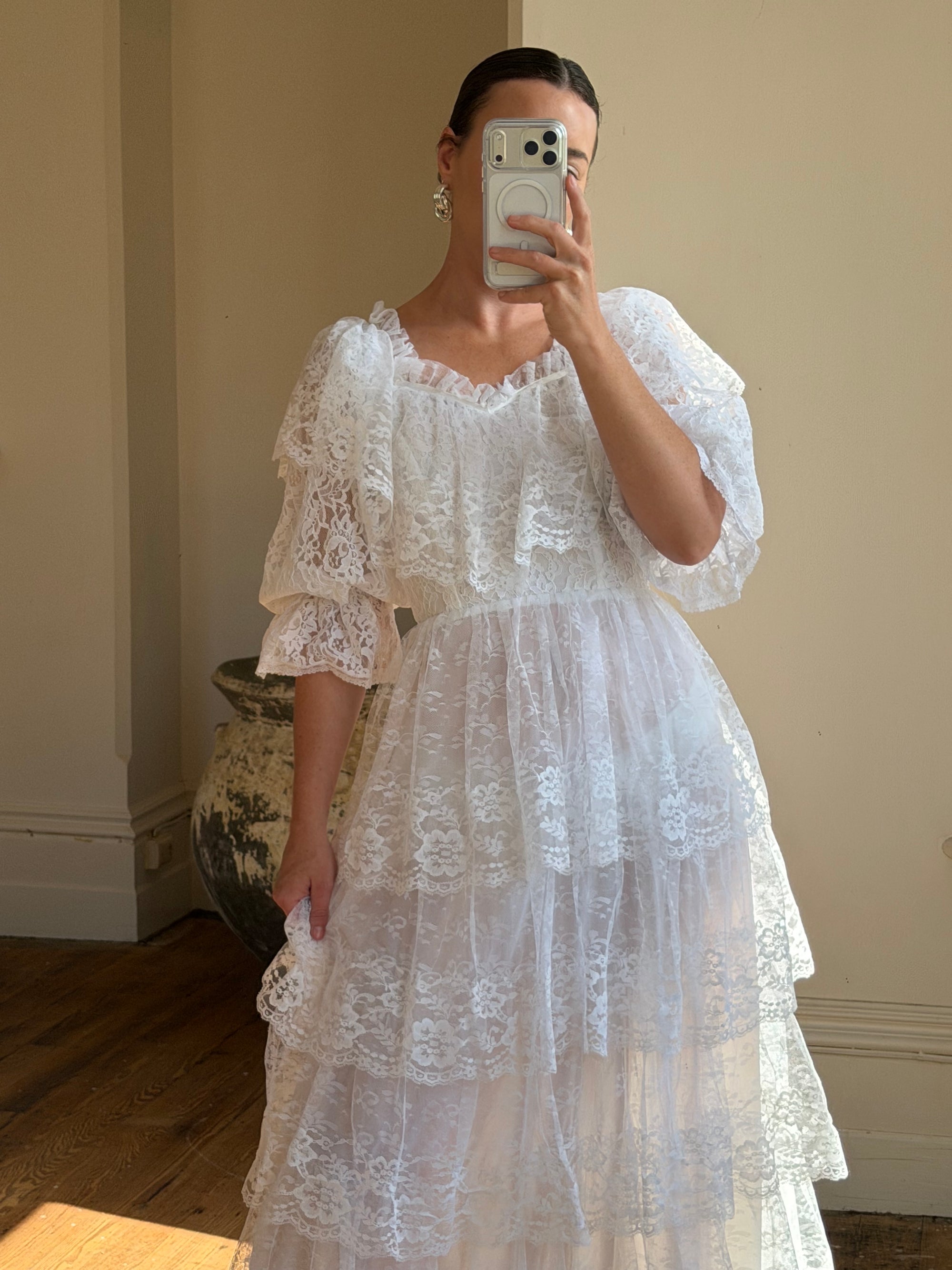 Vintage 70s Tiered Lace Wedding Dress Crisp White