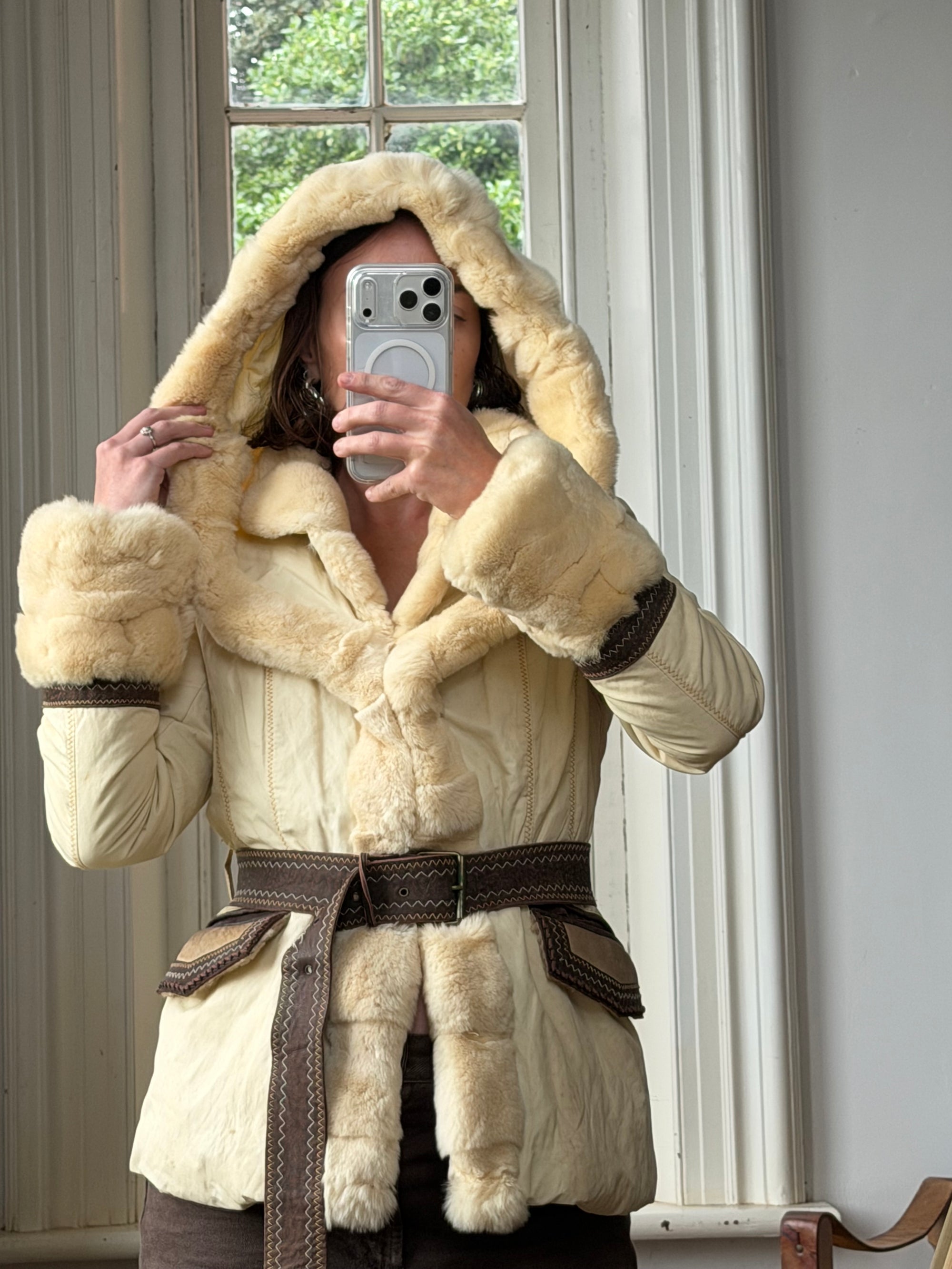 Vintage Y2K Italian Leather and Fur Belted Jacket with Hood